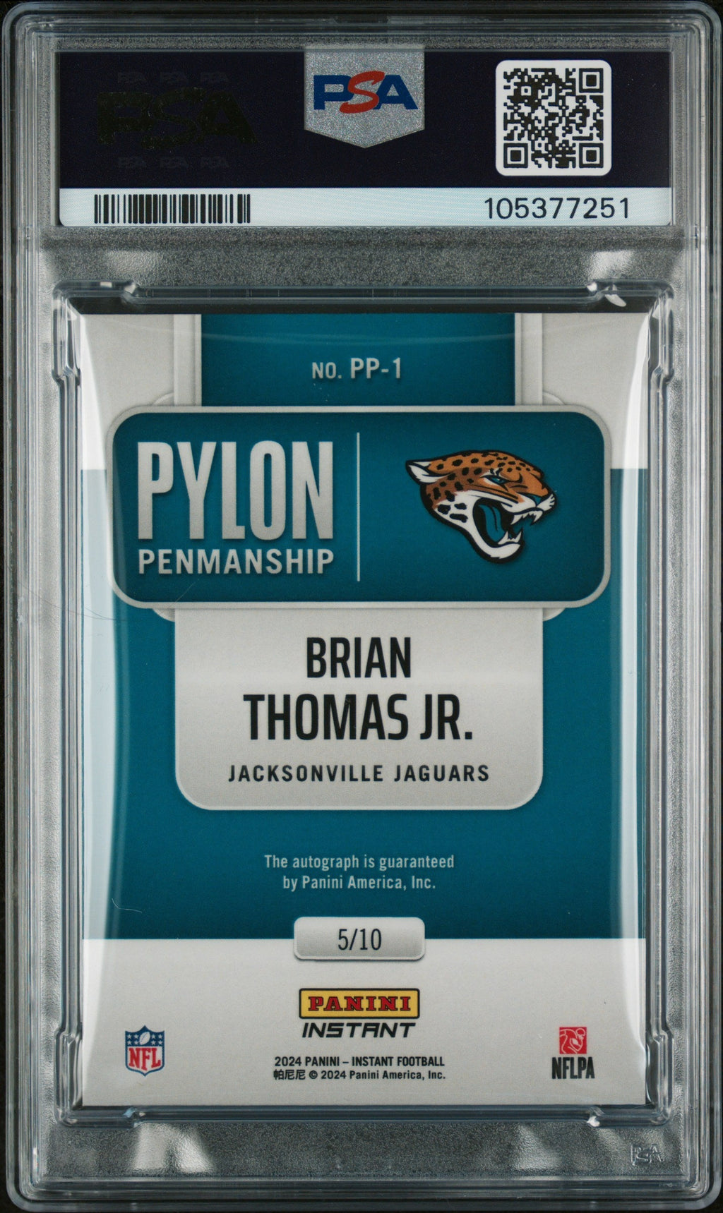 Graded 2024 Panini Instant NFL Brian Thomas Jr #PP1 Pylon Penmanship /10 Rookie RC Football Card PSA Authentic Auto