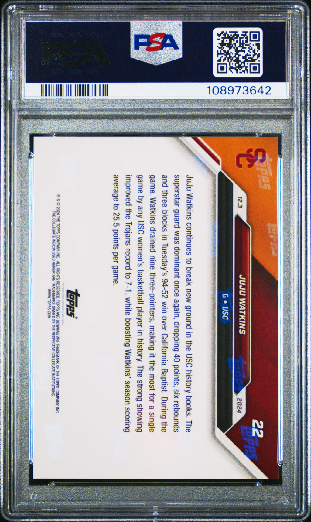 Graded 2024 Topps Bowman U Now JuJu Watkins #22 Rookie RC Basketball Card PSA 8 Near Mint