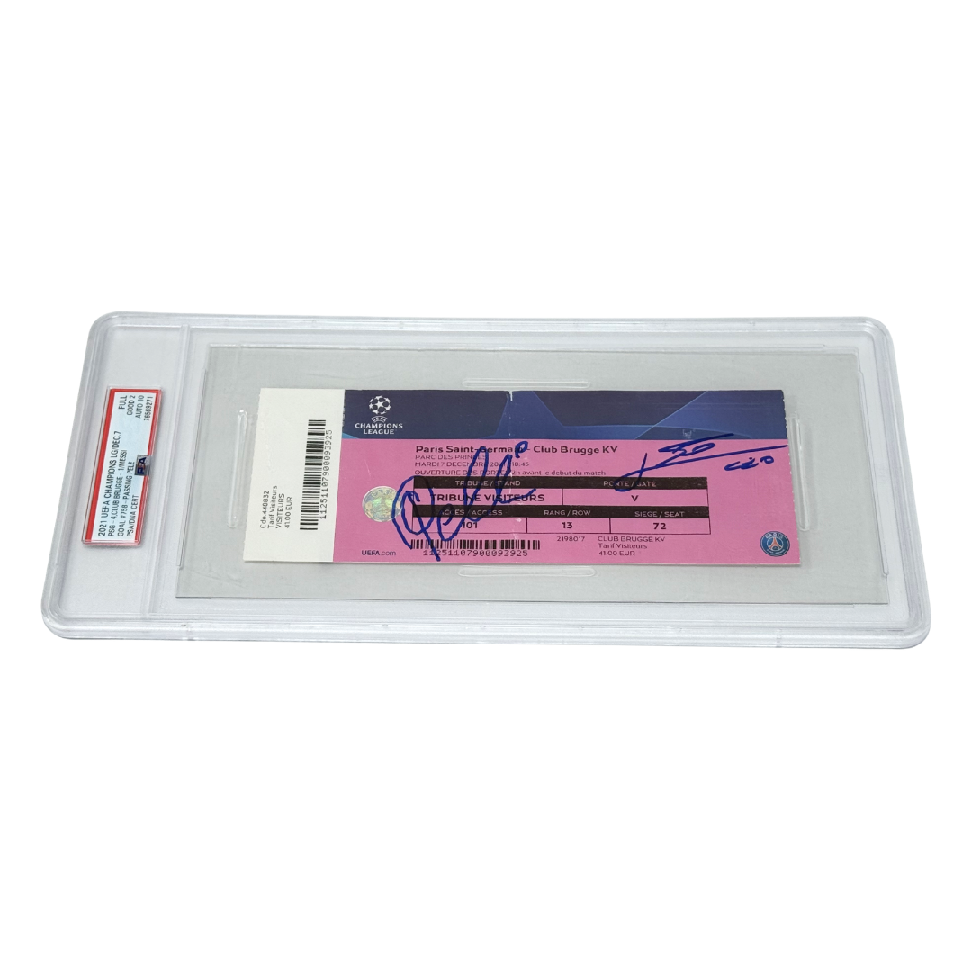 Pele & Messi Signed 2021 UCL Messi Passing Pele on Goals Ticket - PSA 2