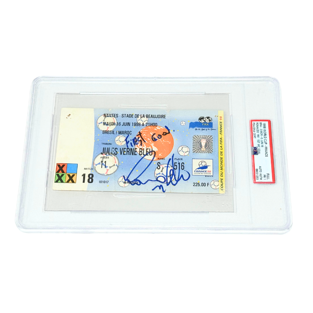 Ronaldo Nazario Signed & Inscribed 1998 World Cup 1st Goal Ticket - PSA 1