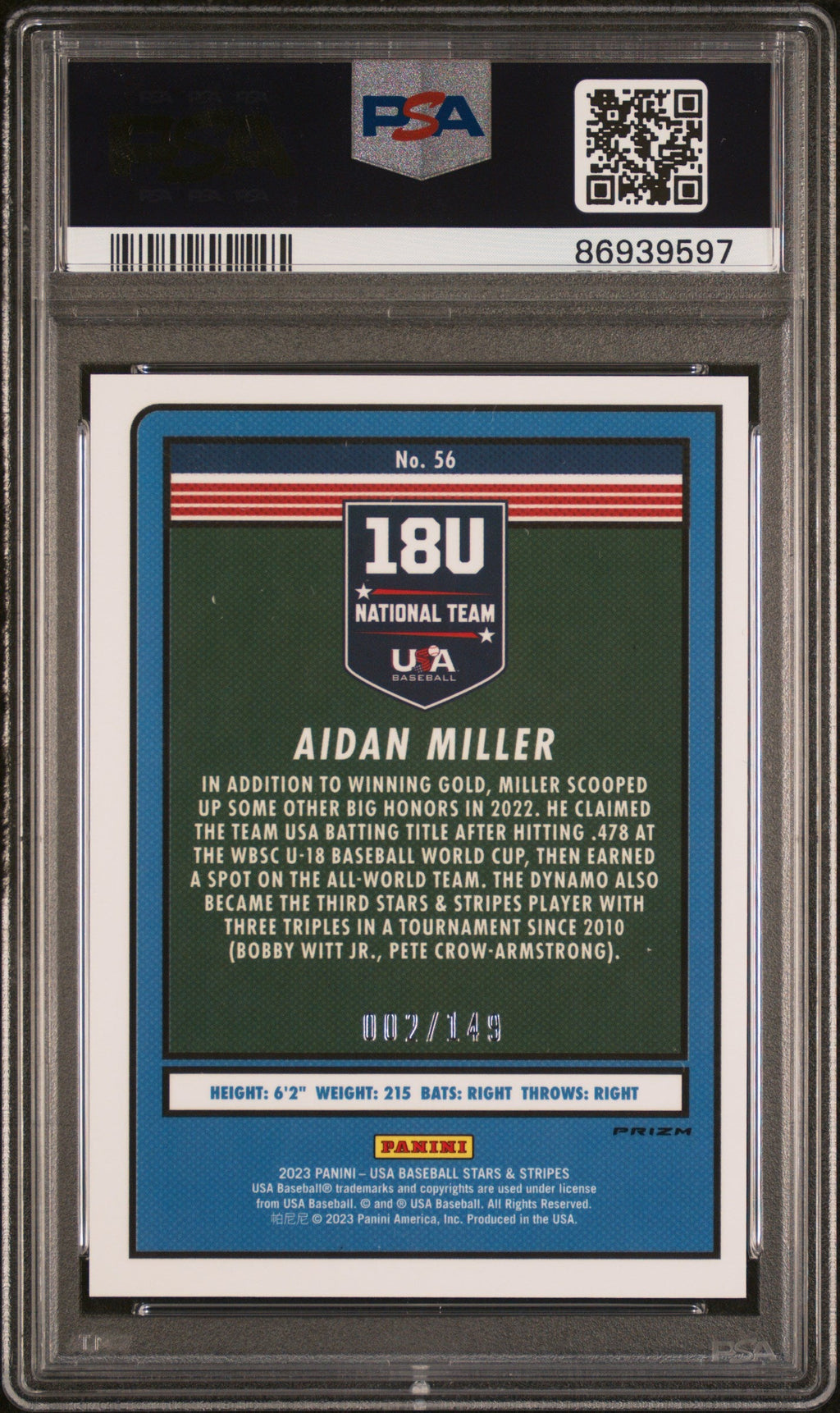 Graded 2023 Panini Stars & Stripes USA Aidan Miller #56 Red /149 Rookie RC Baseball Card PSA 10 Gem Mint
