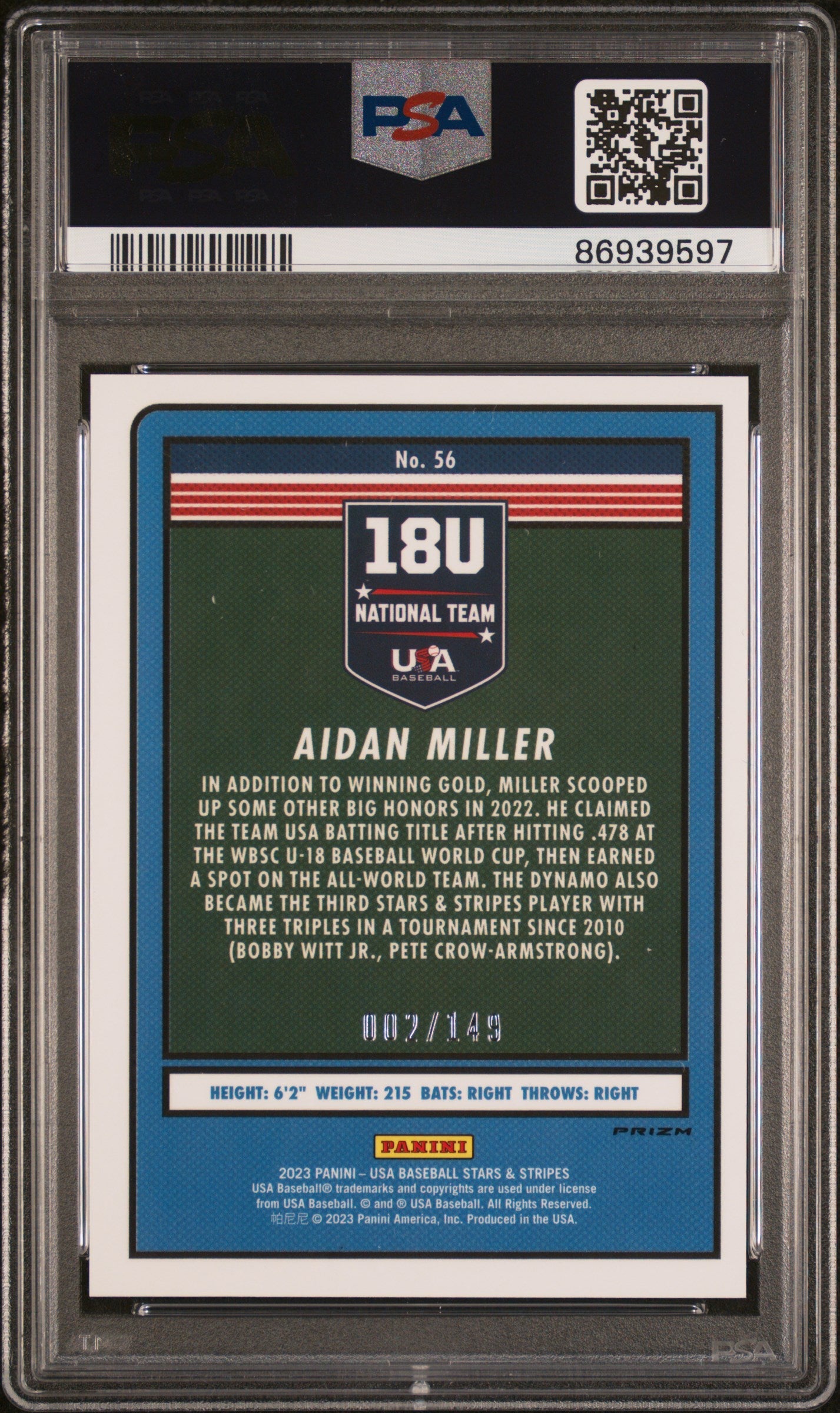 Graded 2023 Panini Stars & Stripes USA Aidan Miller #56 Red /149 Rookie RC Baseball Card PSA 10 Gem Mint