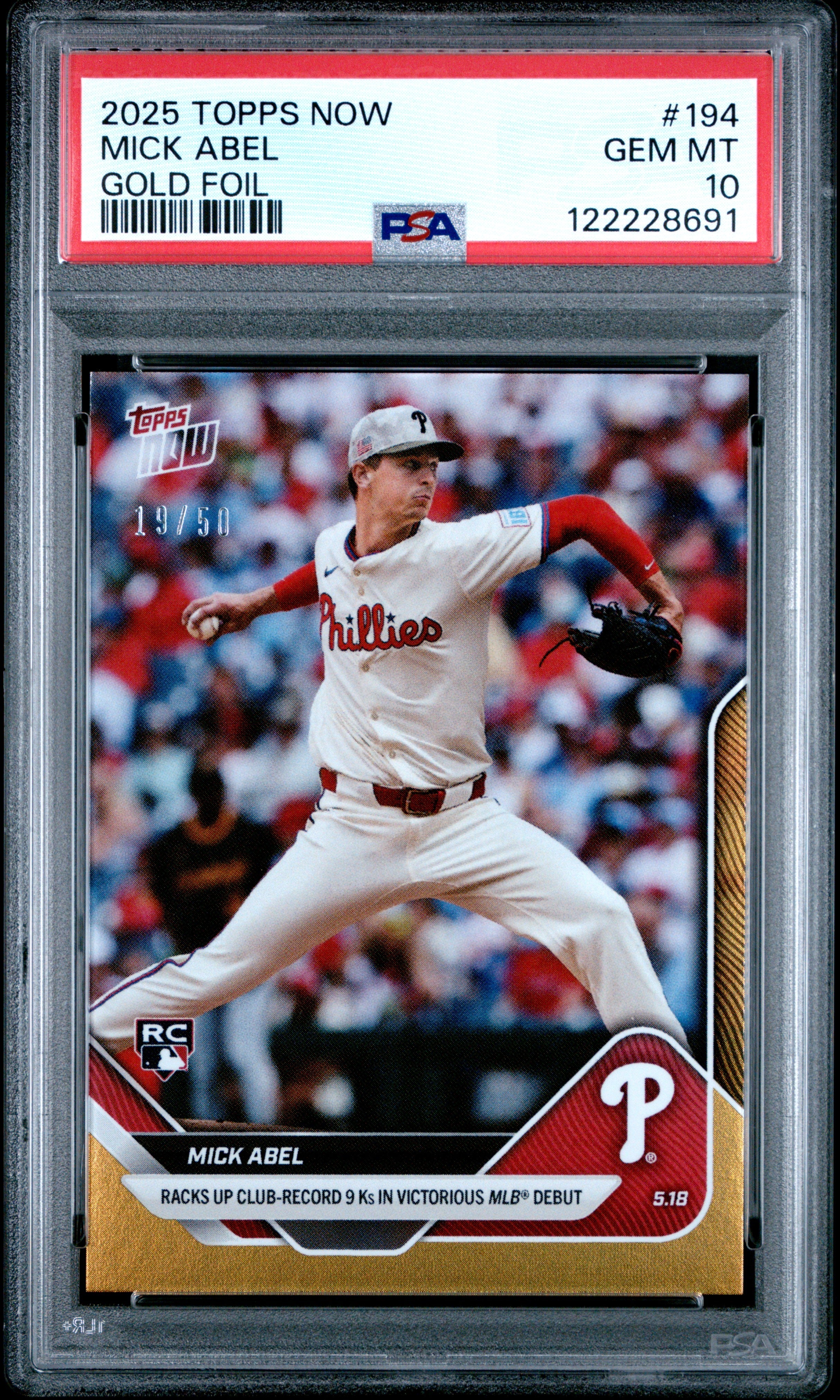 Graded 2025 Topps Now Mick Abel #194 Gold Foil /50 Rookie Baseball Card PSA 10 Gem Mint