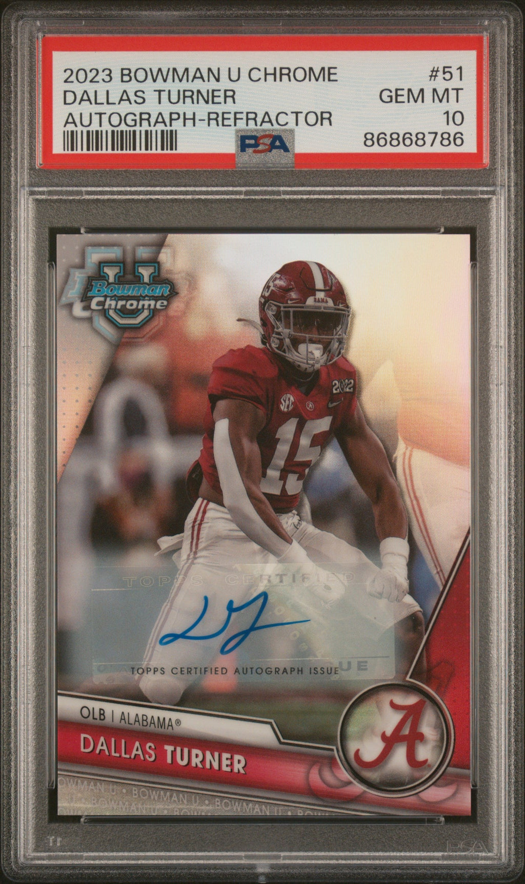 Graded 2023 Topps Bowman U Chrome Dallas Turner #51 Auto Refractor /499 Rookie RC Football Card PSA 10