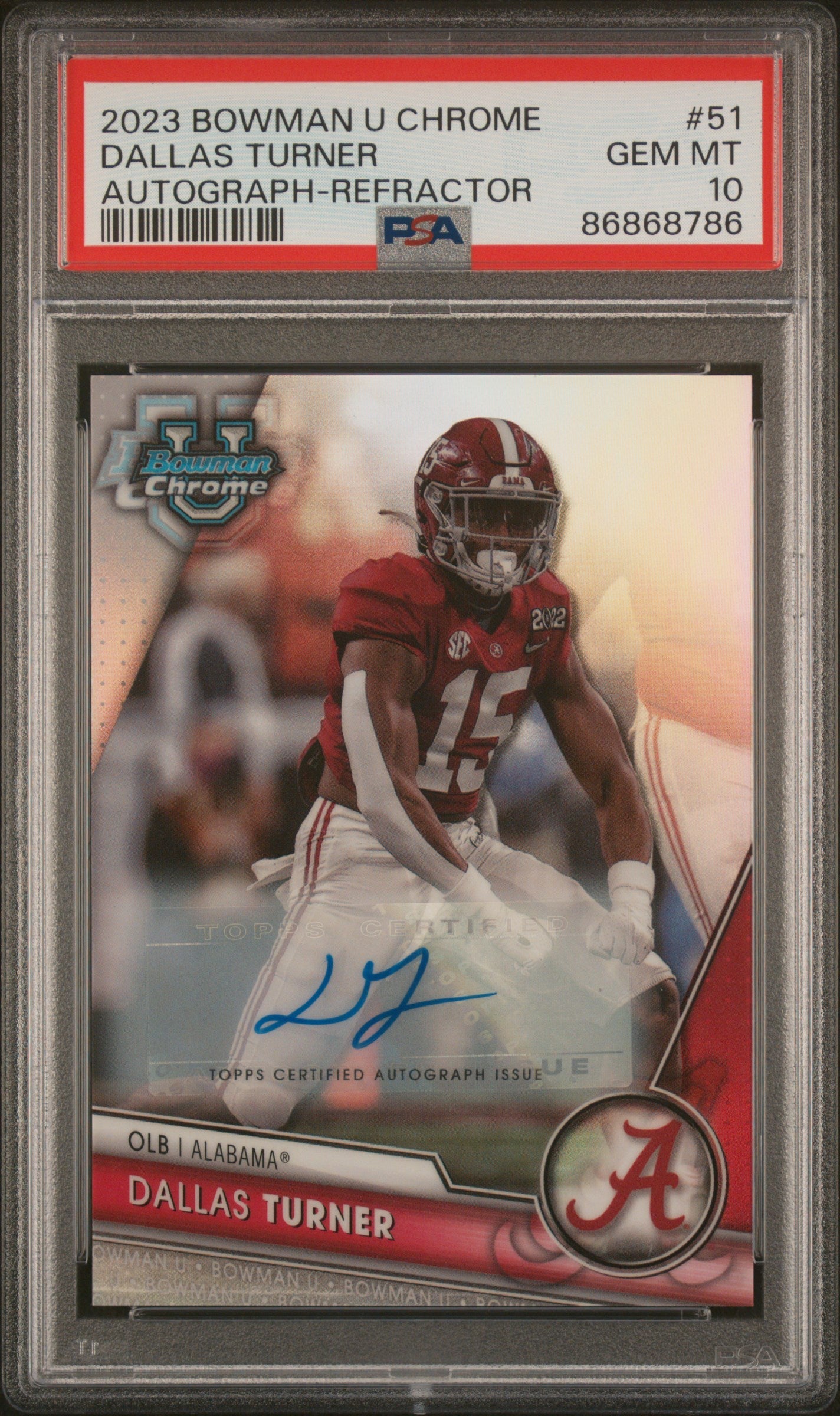Graded 2023 Topps Bowman U Chrome Dallas Turner #51 Auto Refractor /499 Rookie RC Football Card PSA 10