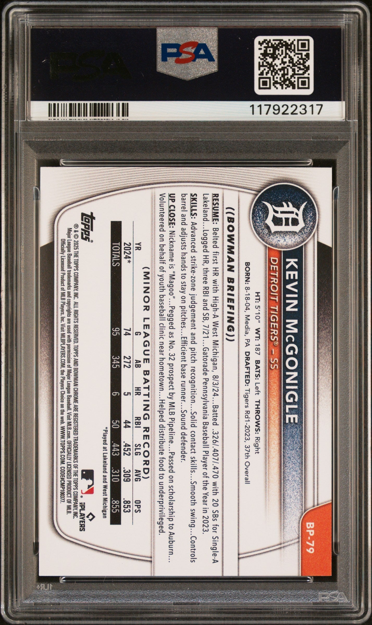 Graded 2025 Topps Bowman Kevin McGonigle #BP79 Paper Prospects Rookie RC Baseball Card PSA 10 Gem Mint