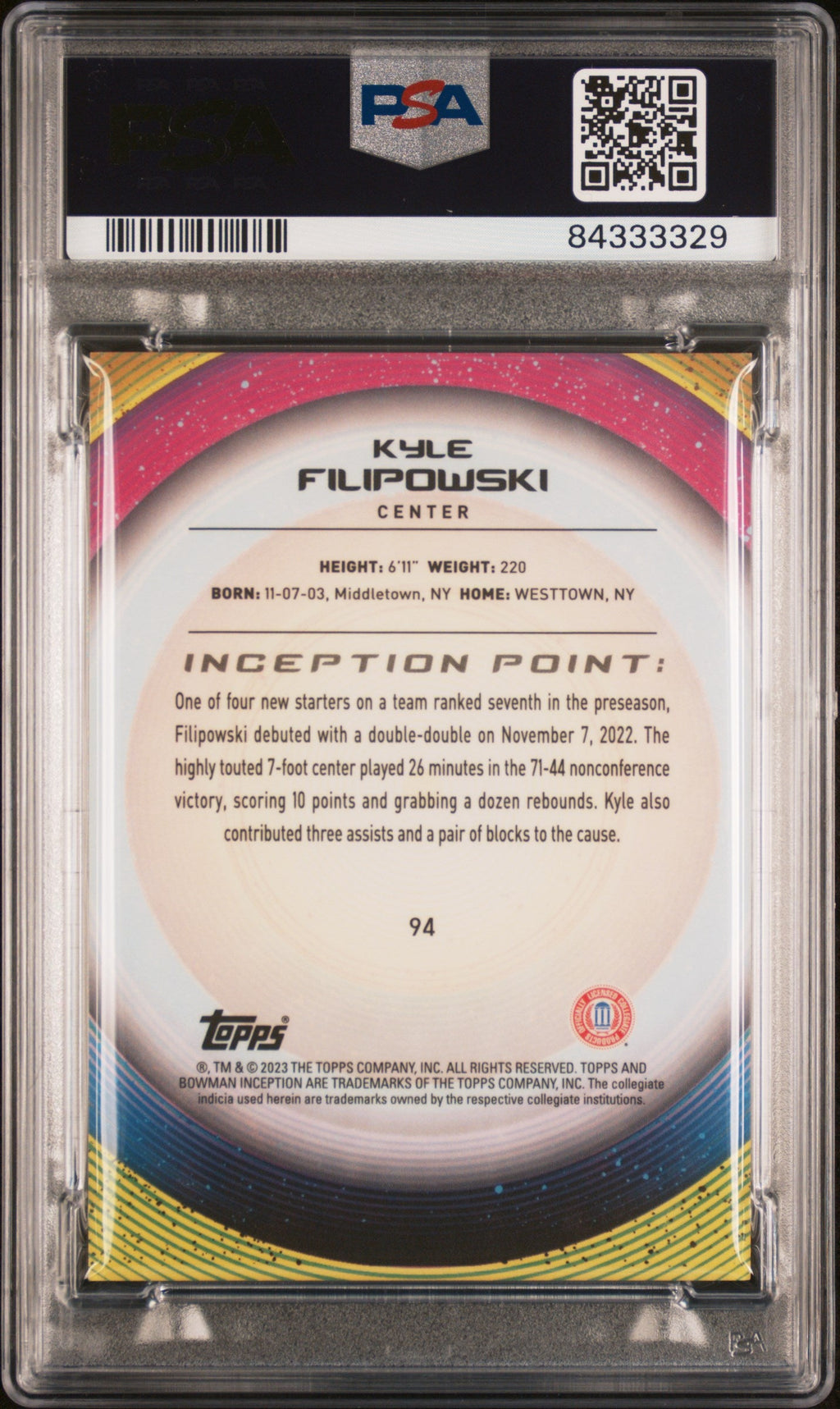 Graded 2022 Topps Bowman U Inception Kyle Filipowski #94 Aqua V Foil /199 Rookie RC Basketball Card PSA 10 Gem Mint
