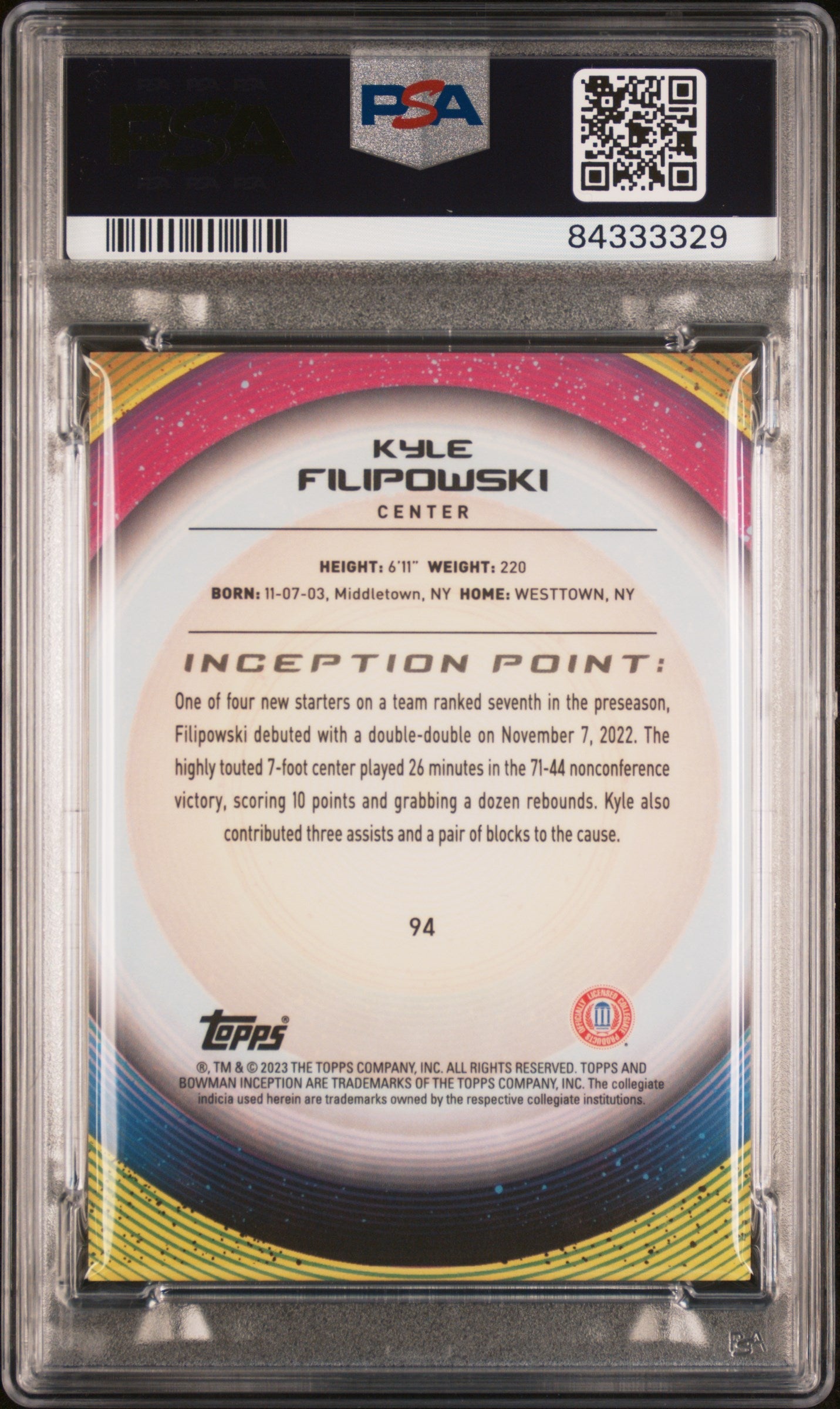Graded 2022 Topps Bowman U Inception Kyle Filipowski #94 Aqua V Foil /199 Rookie RC Basketball Card PSA 10 Gem Mint