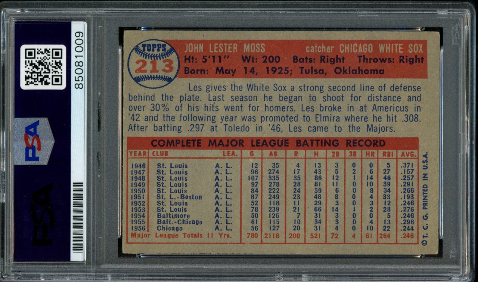 1957 TOPPS Les Moss #213 Auth Card Signed Chicago White Sox PSA/DNA 184080