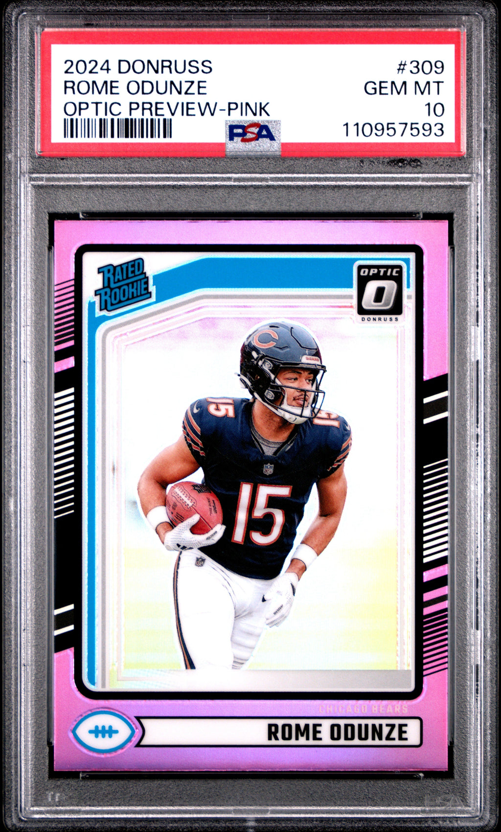 Graded 2024 Panini Donruss Rome Odunze #309 Optic Preview Pink Rookie RC Football Card PSA 10 Gem Mint