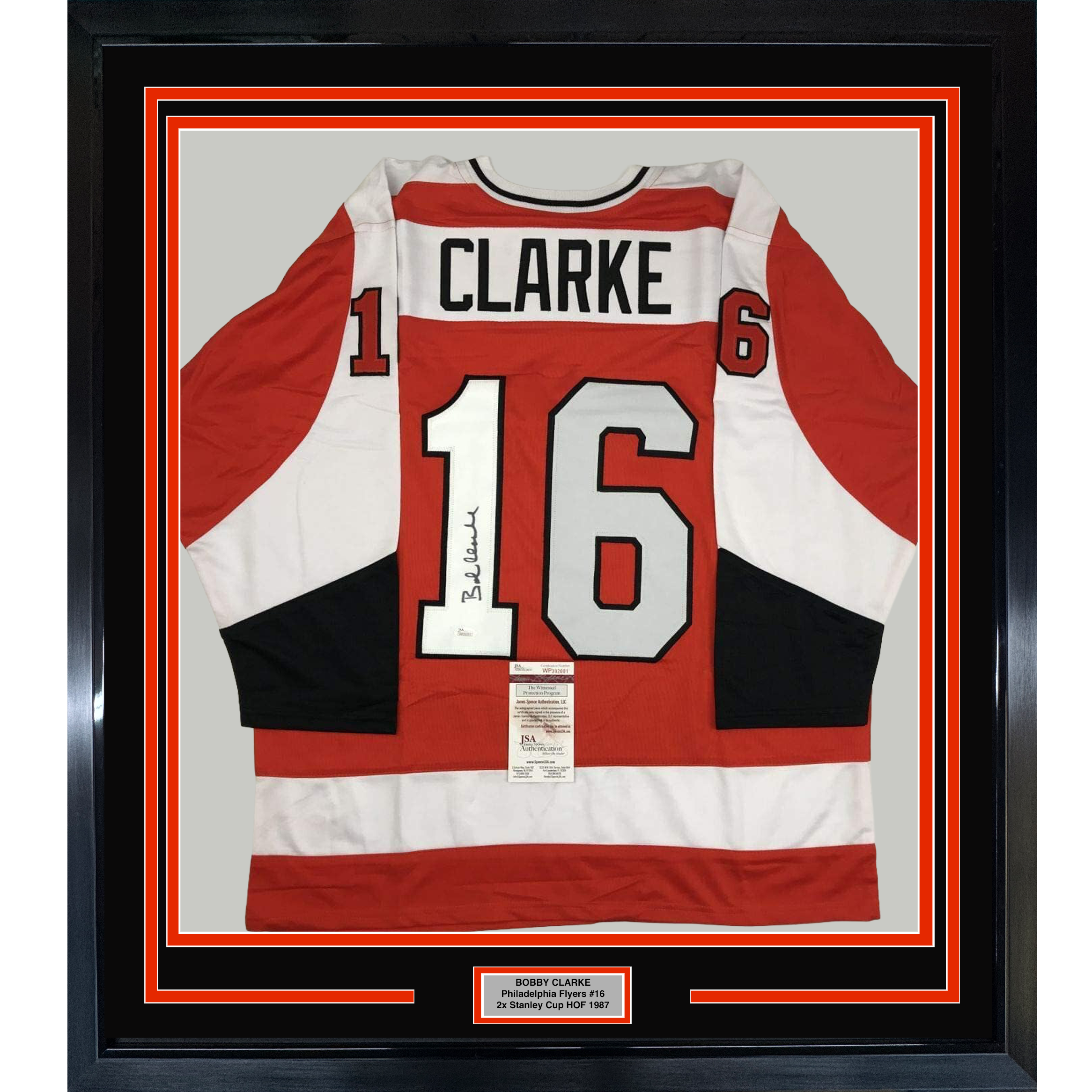 Framed Autographed/Signed Bob Bobby Clarke 35x39 Philadelphia Orange Hockey Jersey JSA COA