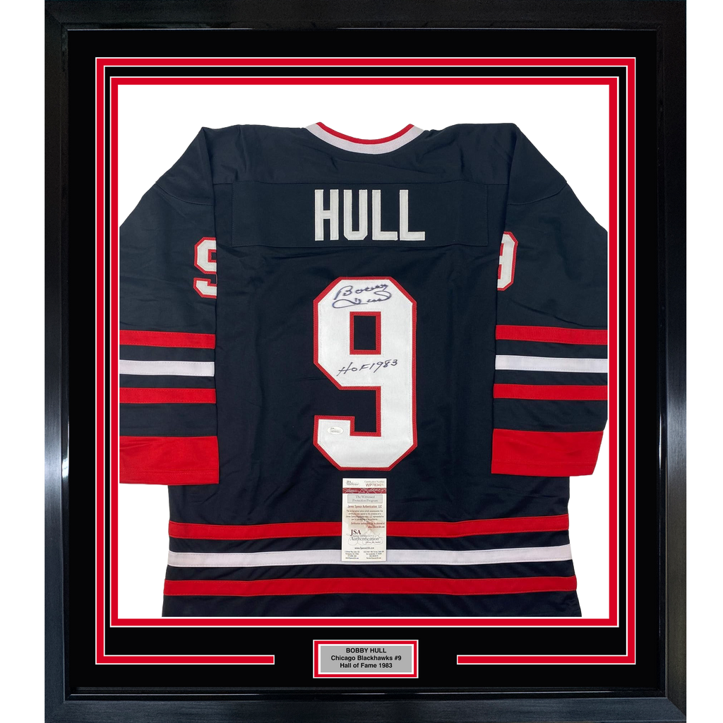 Framed Autographed/Signed Bobby Hull HOF 1983 35x39 Chicago Black Hockey Jersey JSA COA