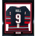 Framed Autographed/Signed Bobby Hull HOF 1983 35x39 Chicago Black Hockey Jersey JSA COA