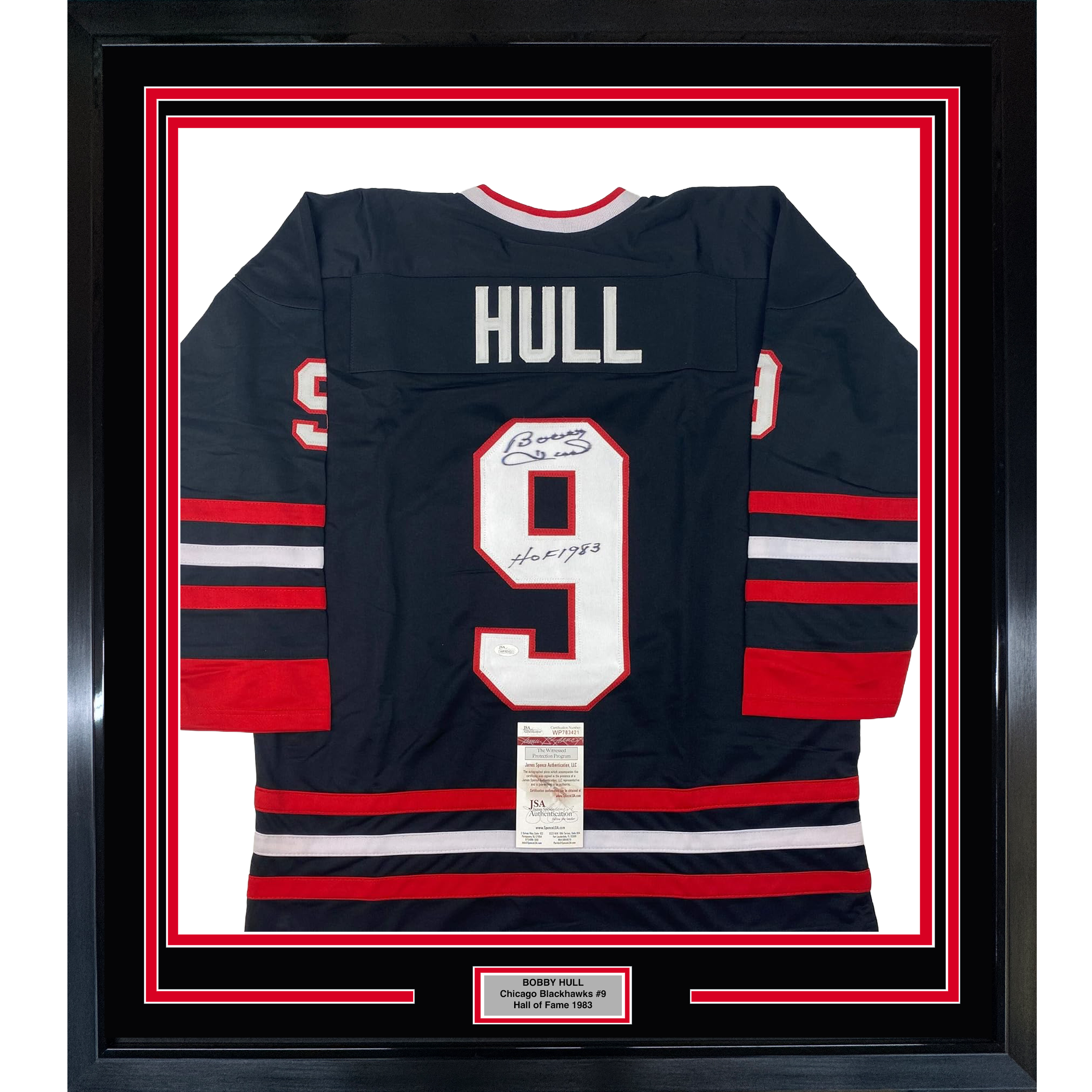 Framed Autographed/Signed Bobby Hull HOF 1983 35x39 Chicago Black Hockey Jersey JSA COA