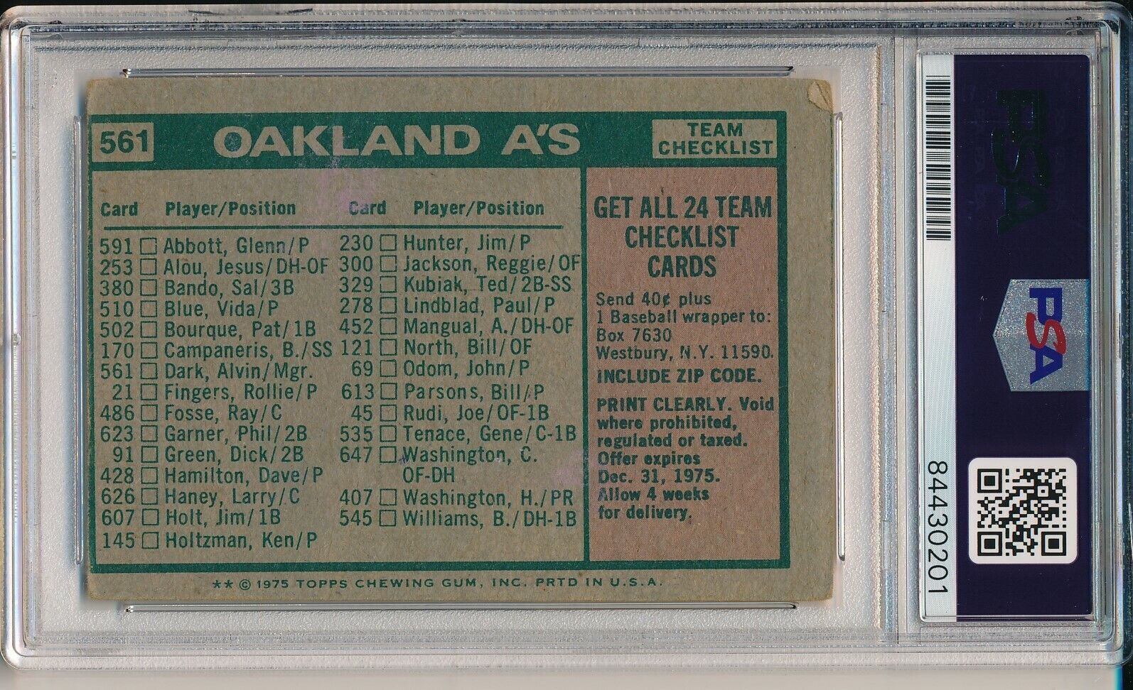 Al Dark Oakland A's Signed/Autographed 1975 TOPPS Card #561 PSA/DNA 164179
