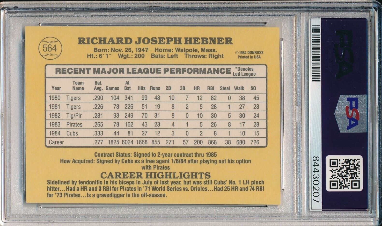 Richie Hebner Chicago Cubs Signed/Auto 1985 Donruss Card #564 PSA/DNA 164186
