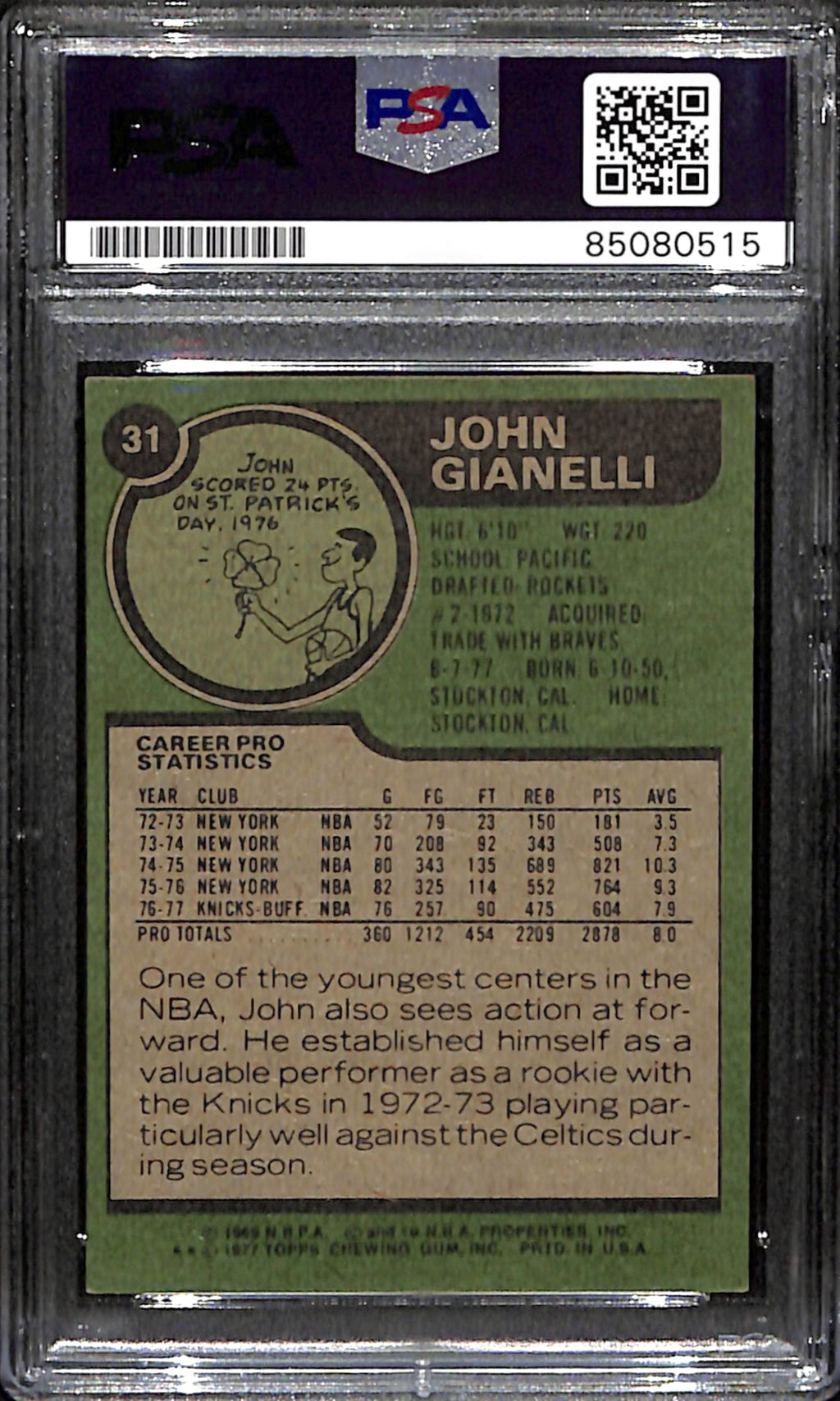 John Gianelli Signed 1977 Topps Card #31 Cleveland Cavaliers PSA/DNA 185722