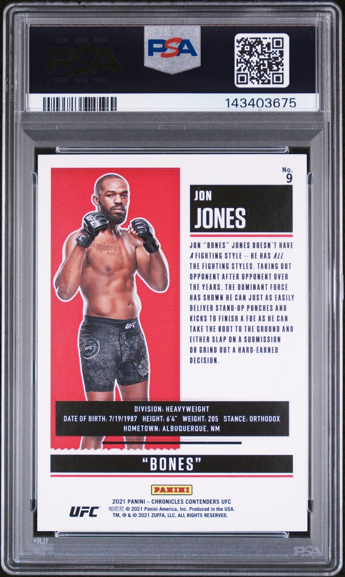 Jon Jones Signed 2021 Panini Chronicles UFC Season Ticket #9 – PSA 10 AUTO 10