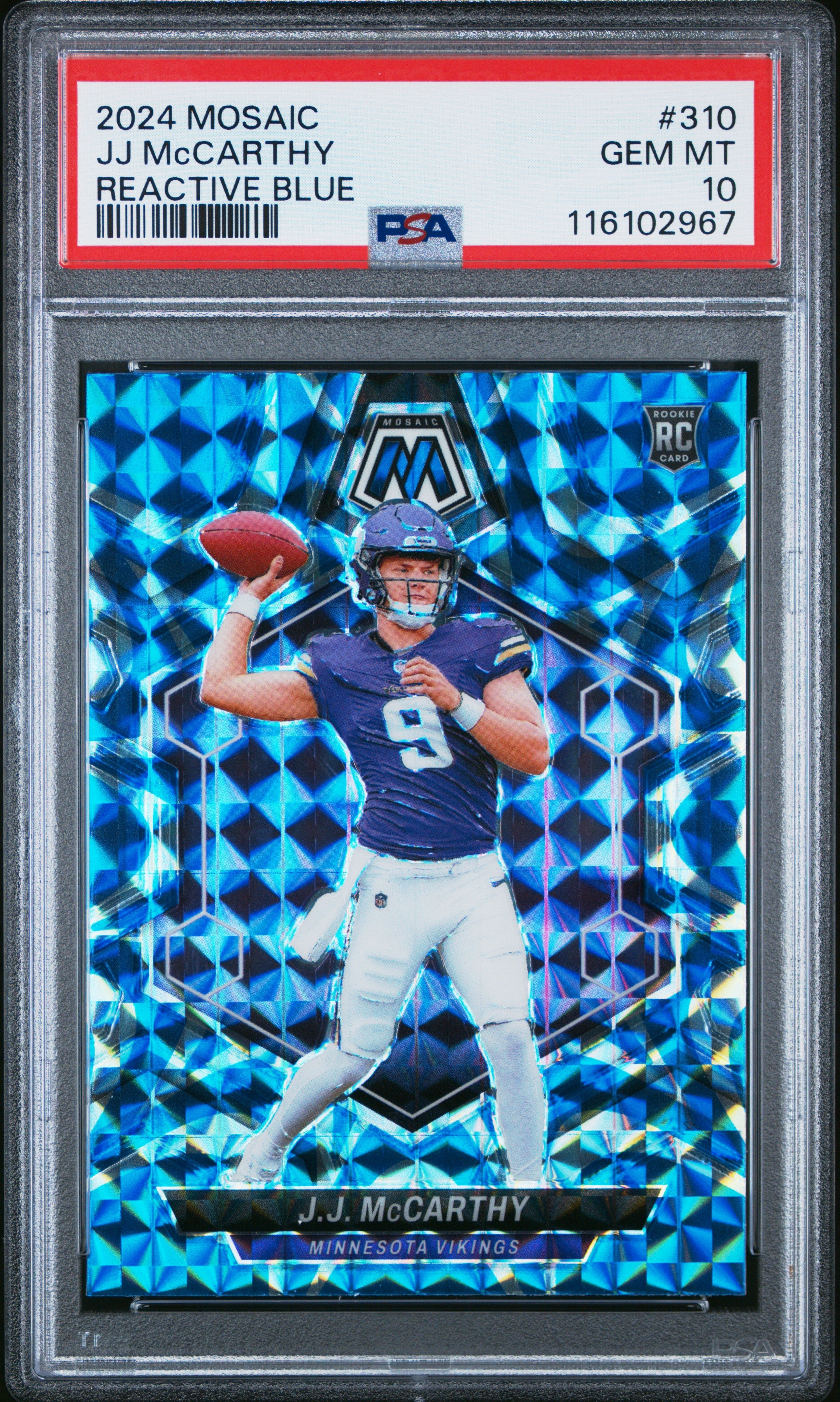 Graded 2024 Panini Mosaic JJ McCarthy #310 Reactive Blue Rookie RC Football Card PSA 10 Gem Mint