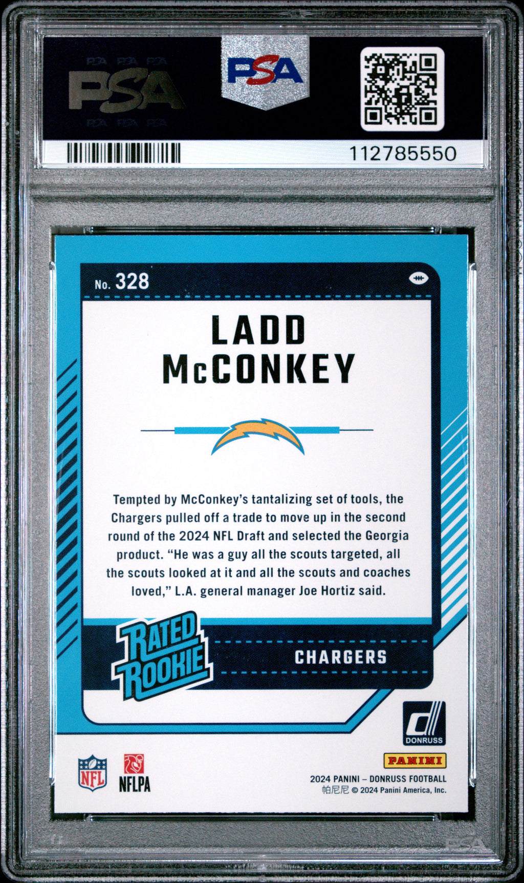 Graded 2024 Panini Donruss Ladd McConkey #328 Rookie RC Football Card PSA 10 Gem Mint