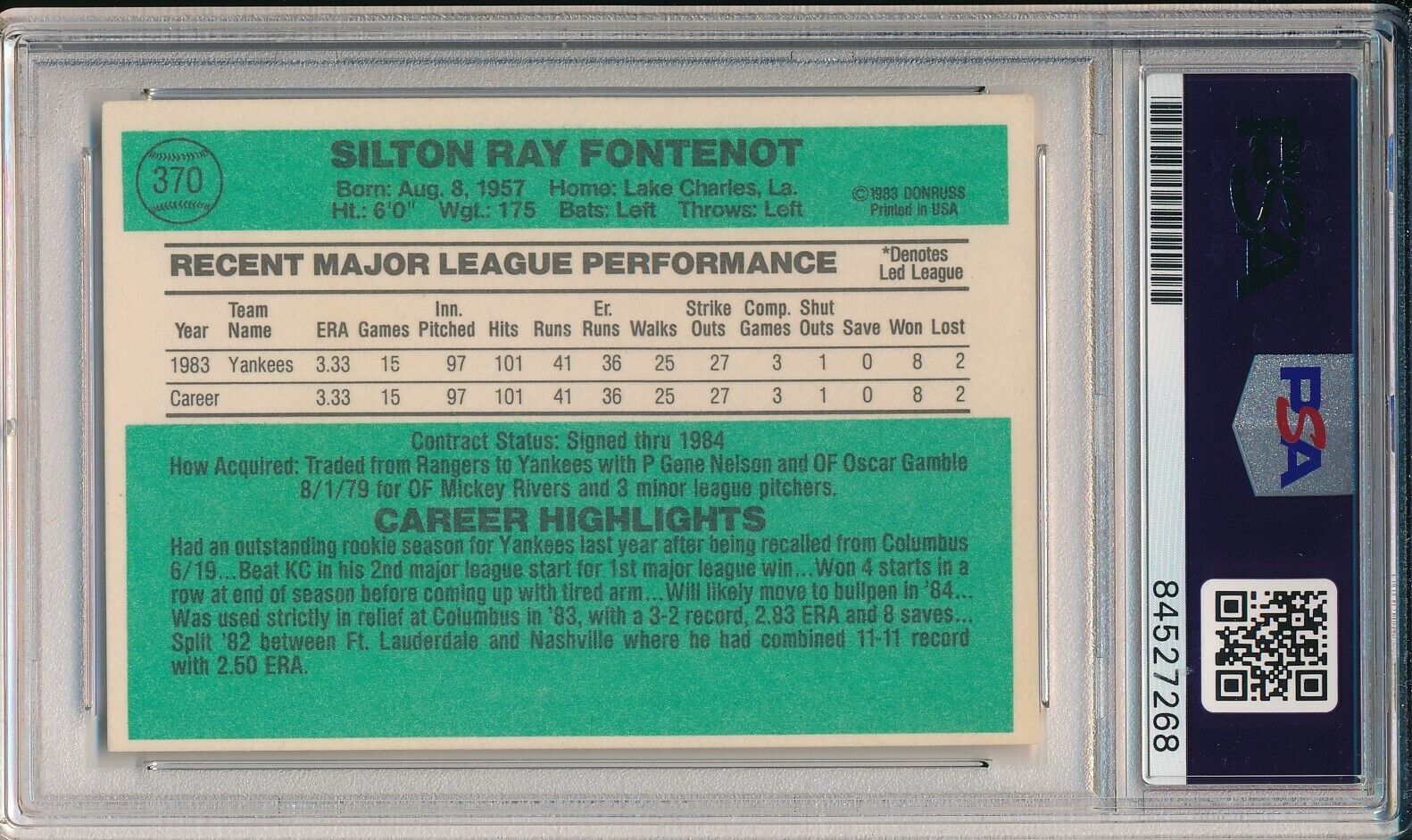 Ray Fontenot Yankees Signed/Autographed 1984 Donruss Card #370 PSA/DNA 166446