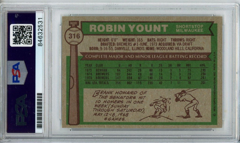 1976 Topps Robin Yount HOF #316 Card Signed Brewers PSA/DNA GEM MINT 10