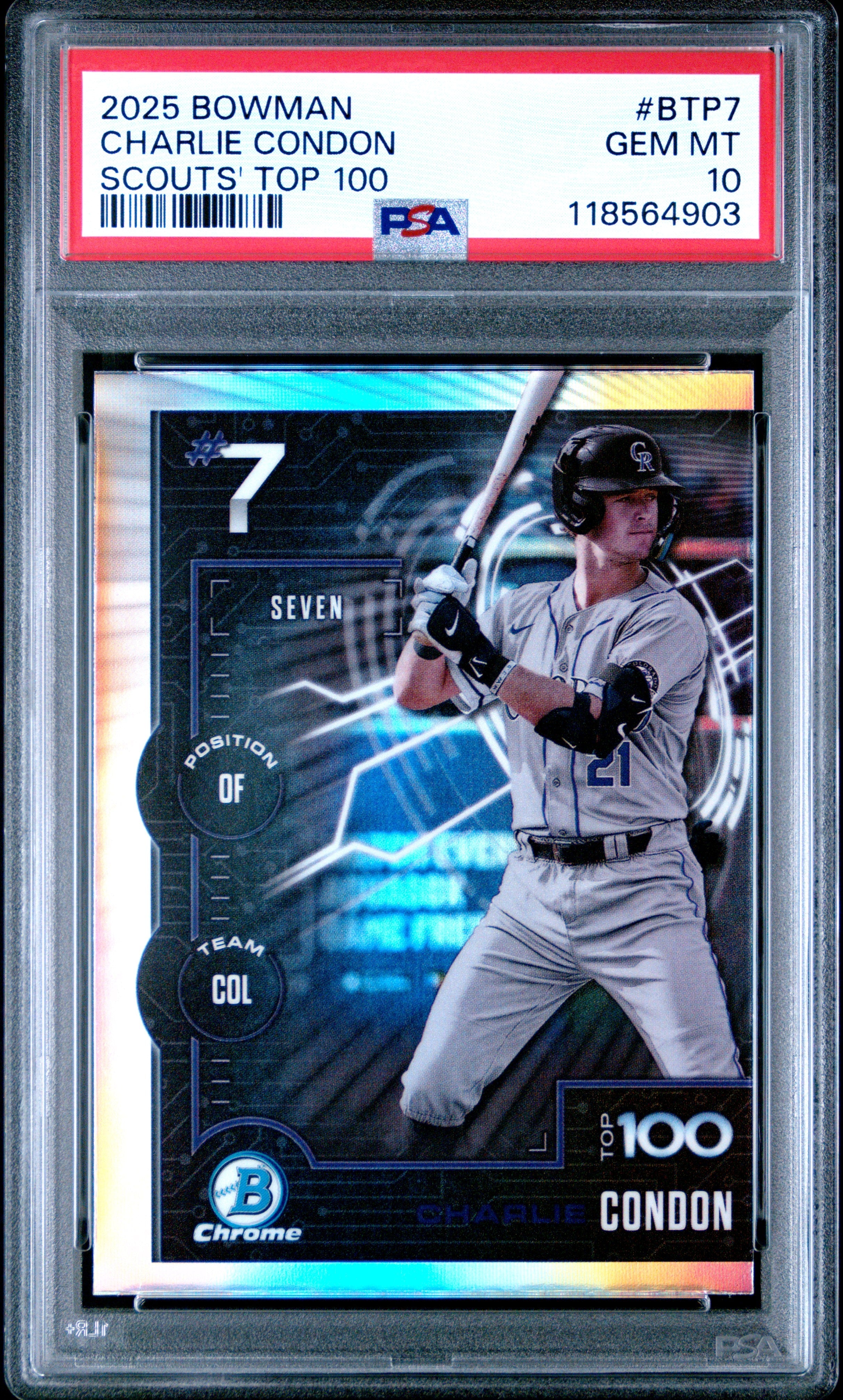 Graded 2025 Topps Bowman Charlie Condon #BTP7 Scouts Top 100 Rookie RC Baseball Card PSA 10 Gem Mint