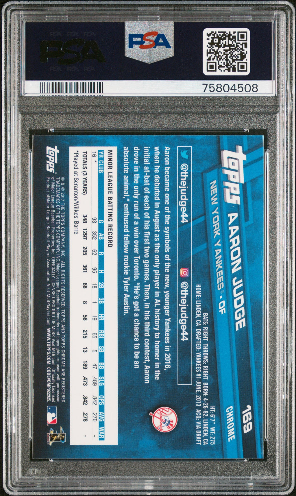 Graded 2017 Topps Chrome Aaron Judge #169 Catching Rookie RC Baseball Card PSA 10 Gem Mint