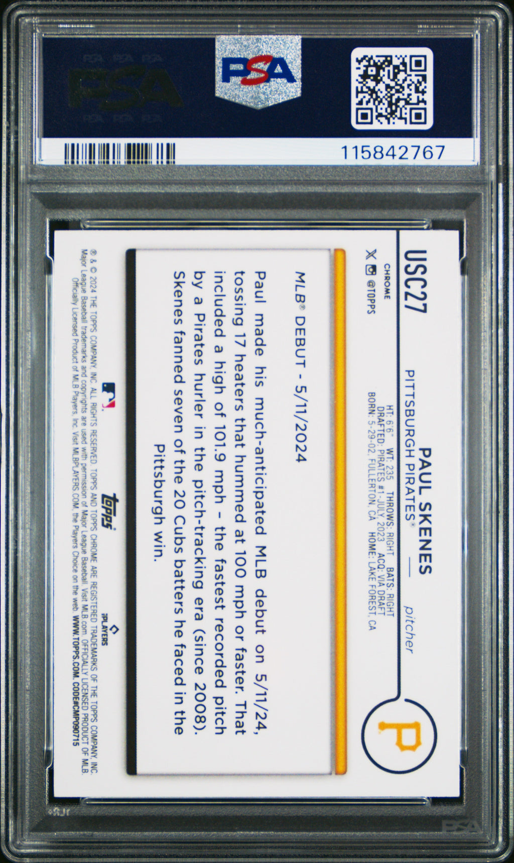 Graded 2024 Topps Chrome Update Paul Skenes #USC27 XFractor Rookie RC Baseball Card PSA 10 Gem Mint