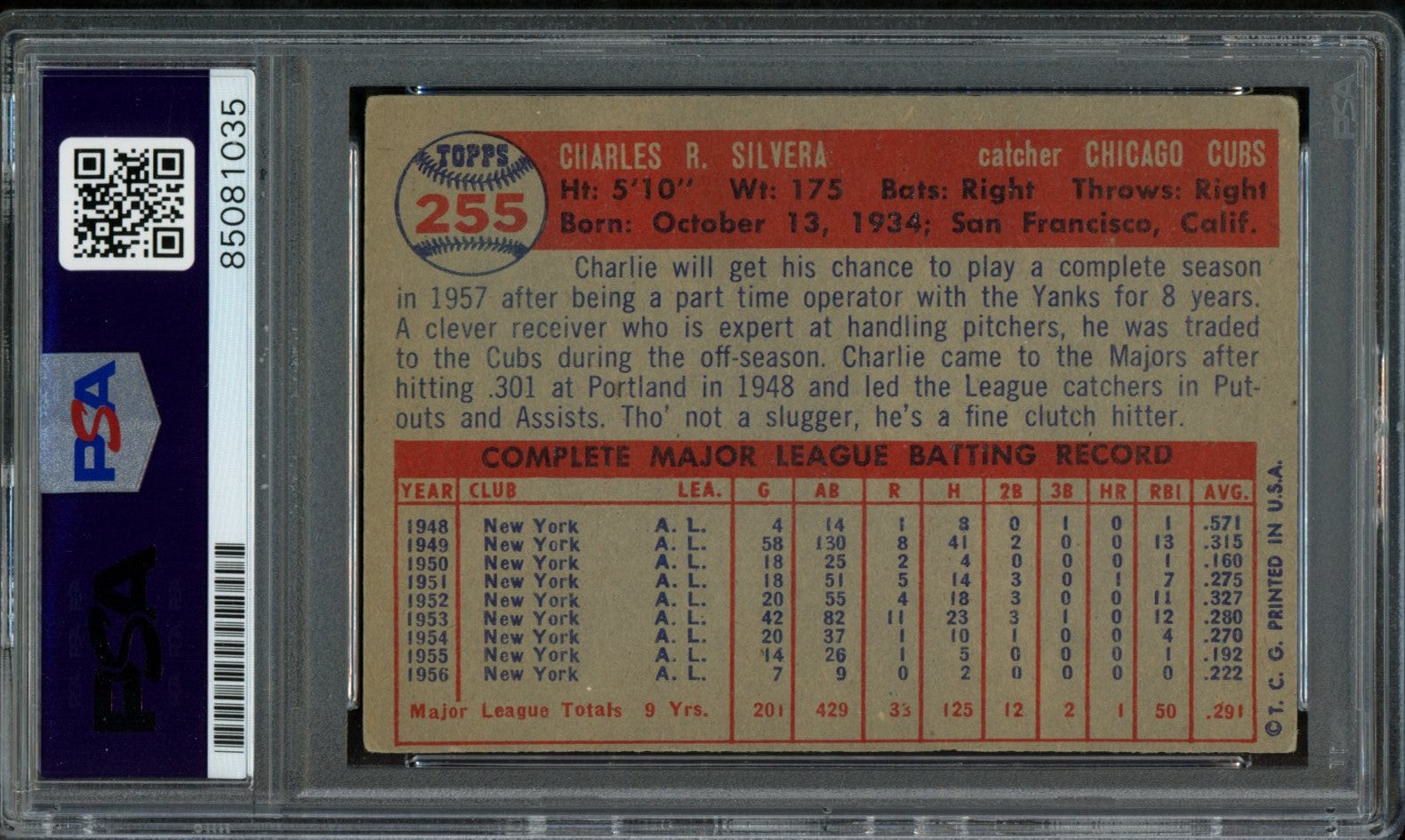 Charlie Silvera Signed 1957 Topps Trading Card #255 Chicago Cubs PSA/DNA 183580