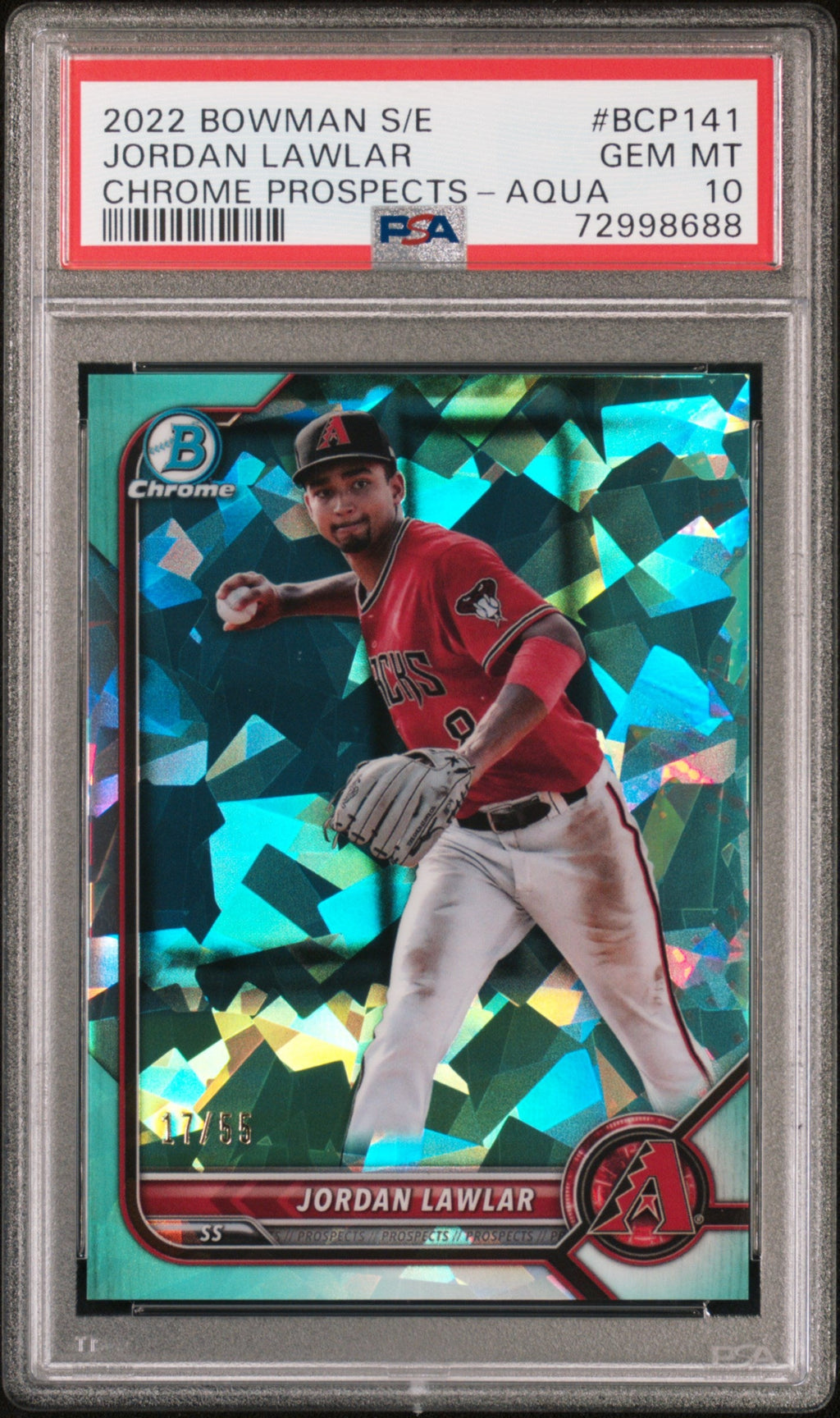 Graded 2022 Topps Bowman Sapphire Edition Jordan Lawler #BCP141 Chrome Prospects Aqua /55 Rookie RC Baseball Card PSA 10 Gem Mint