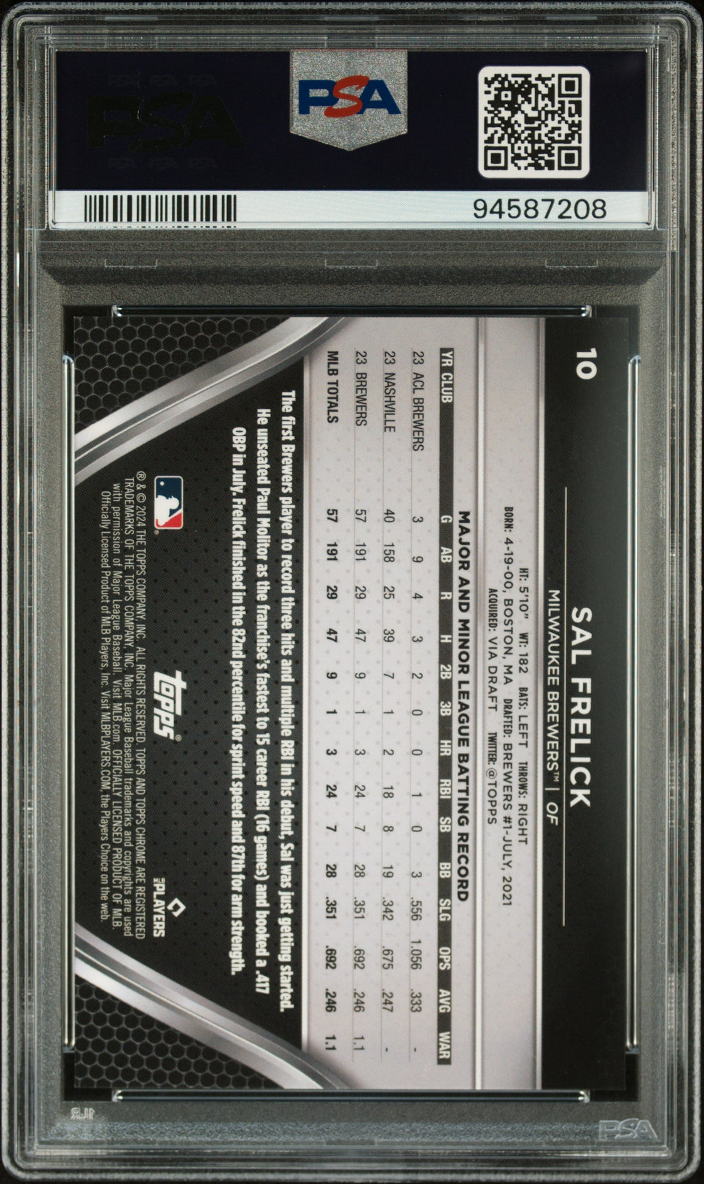 Graded 2024 Topps Chrome Black Sal Frelick #10 Gold Refractor /50 Rookie RC Baseball Card PSA 10 Gem Mint