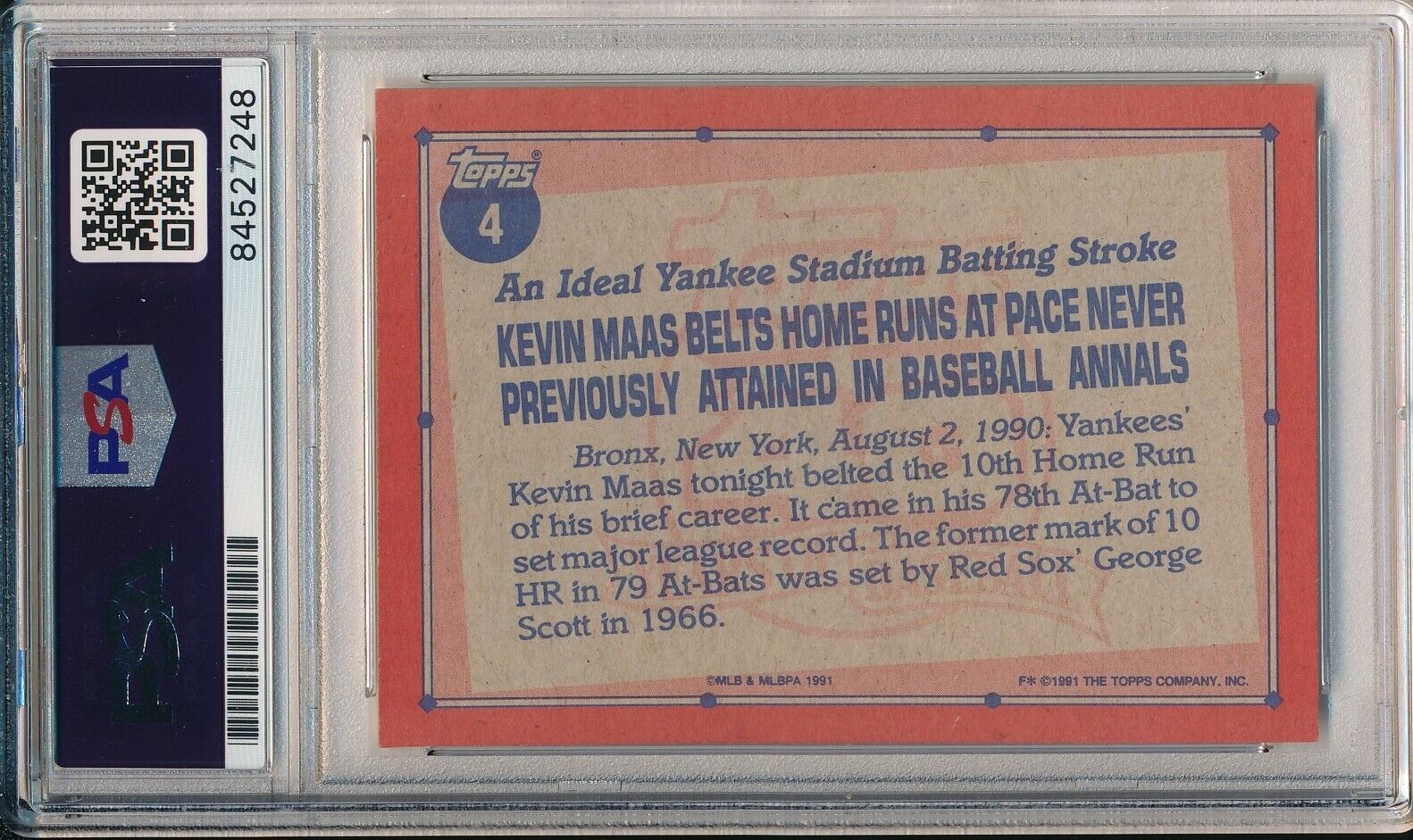 Kevin Maas Yankees Signed/Autographed 1991 TOPPS Card #4 PSA/DNA 166612