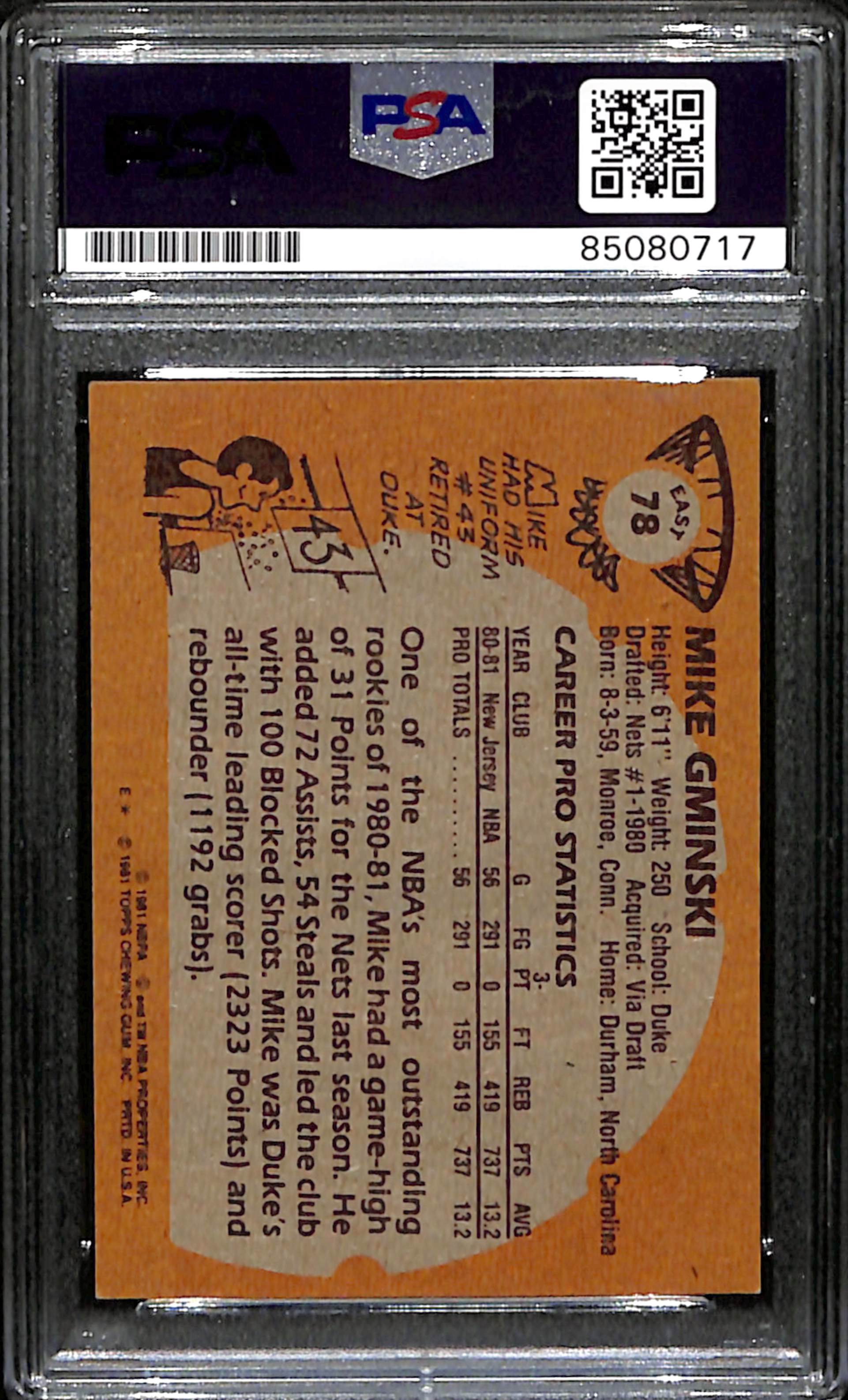 Mike Gminski Signed 1981 Topps Card #78 New Jersey Nets PSA/DNA 185091