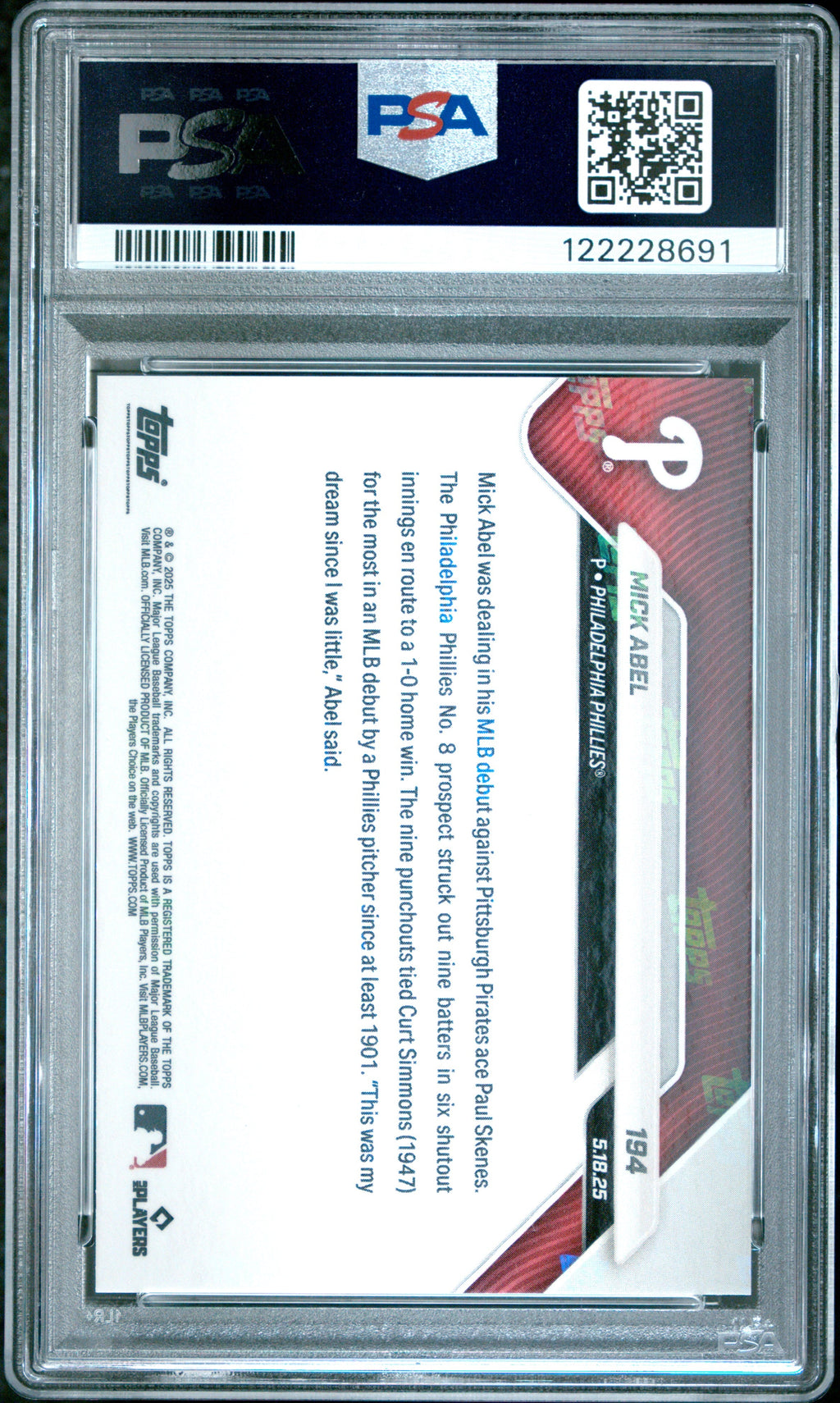 Graded 2025 Topps Now Mick Abel #194 Gold Foil /50 Rookie Baseball Card PSA 10 Gem Mint