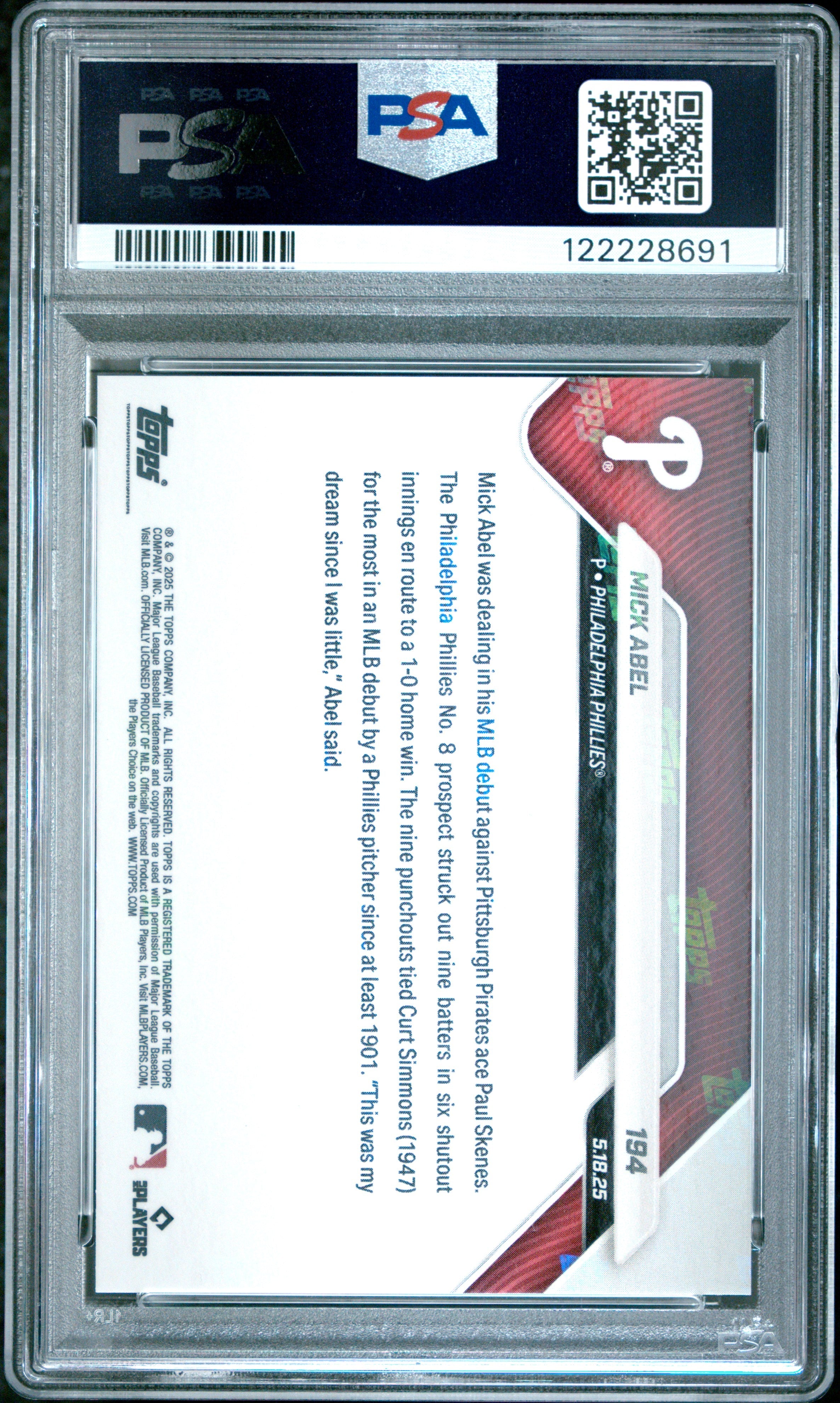 Graded 2025 Topps Now Mick Abel #194 Gold Foil /50 Rookie Baseball Card PSA 10 Gem Mint