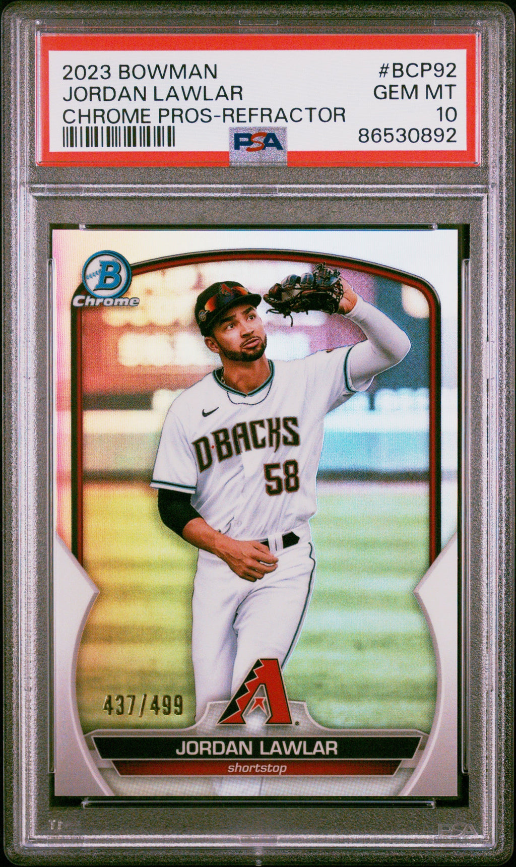Graded 2023 Topps Bowman Jordan Lawler #BCP92 Chrome Prospects Refractor /499 Rookie RC Baseball Card PSA 10 Gem Mint