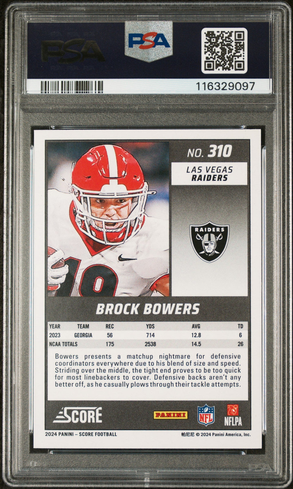 Graded 2024 Panini Score Brock Bowers #310 Rookie RC Football Card PSA 10 Gem Mint