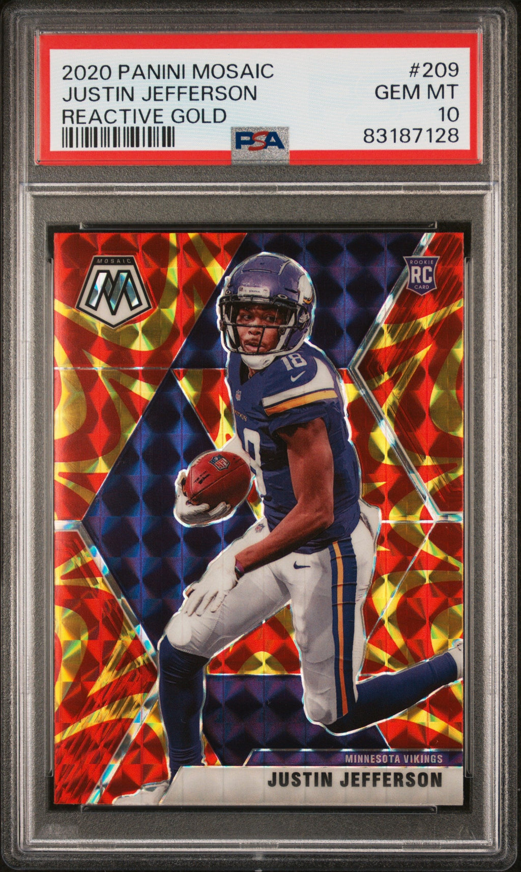 Graded 2020 Panini Mosaic Justin Jefferson #209 Reactive Gold Rookie RC Football Card PSA 10 Gem Mint