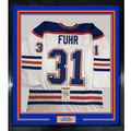 Framed Autographed/Signed Grant Fuhr 35x39 Edmonton White Hockey Jersey JSA COA