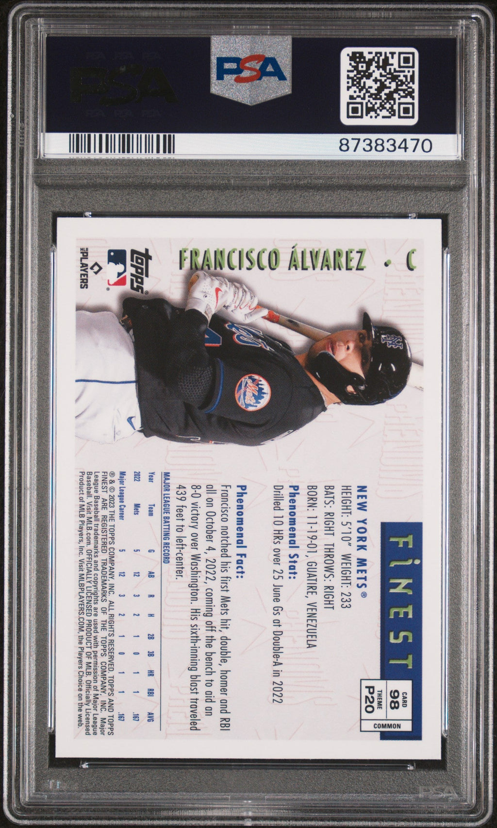 Graded 2023 Topps Finest Flashbacks Francisco Alvarez #98 Rookie RC Baseball Card PSA 10 Gem Mint