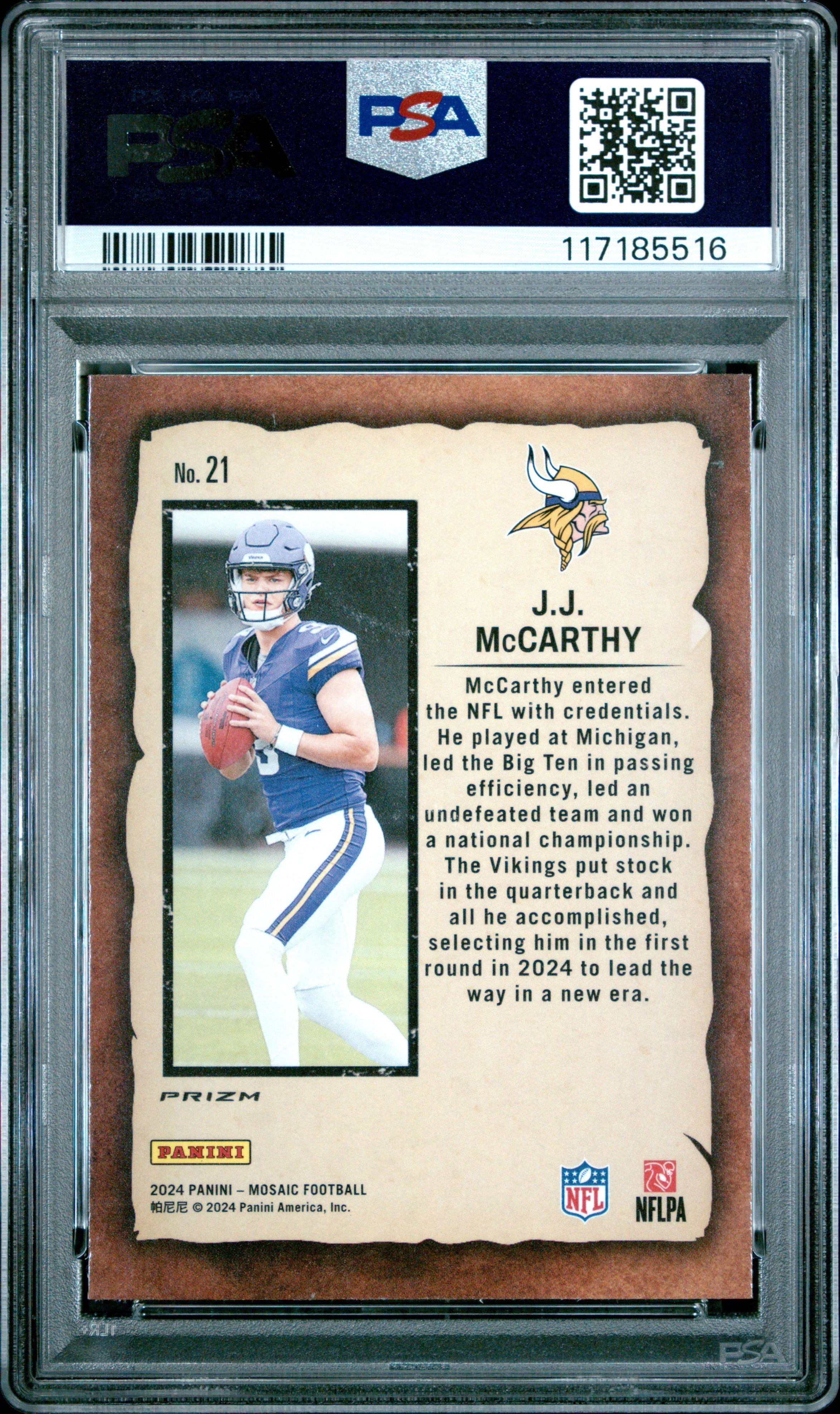 Graded 2024 Panini Mosaic JJ McCarthy #21 Notoriety Green Rookie RC Football Card PSA 10 Gem Mint
