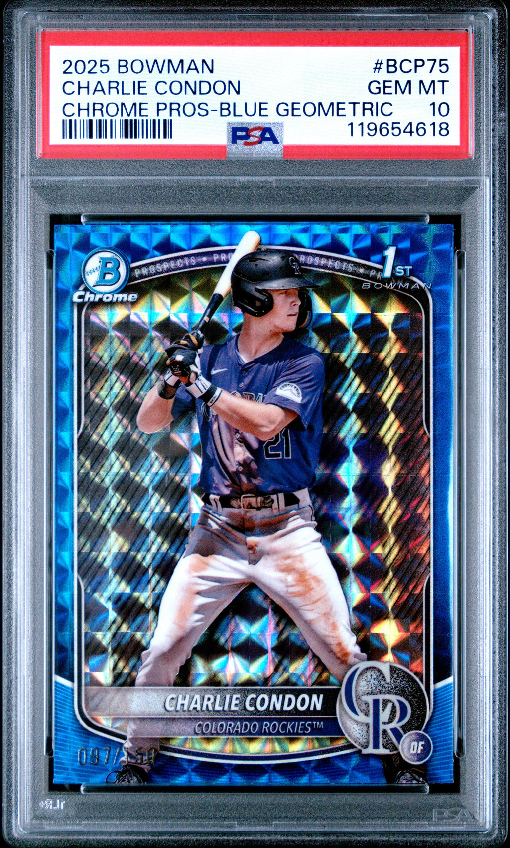 Graded 2025 Topps Bowman Charlie Condon #BCP75 Chrome Prospects Blue Geometric /150 Rookie RC Baseball Card PSA 10 Gem Mint