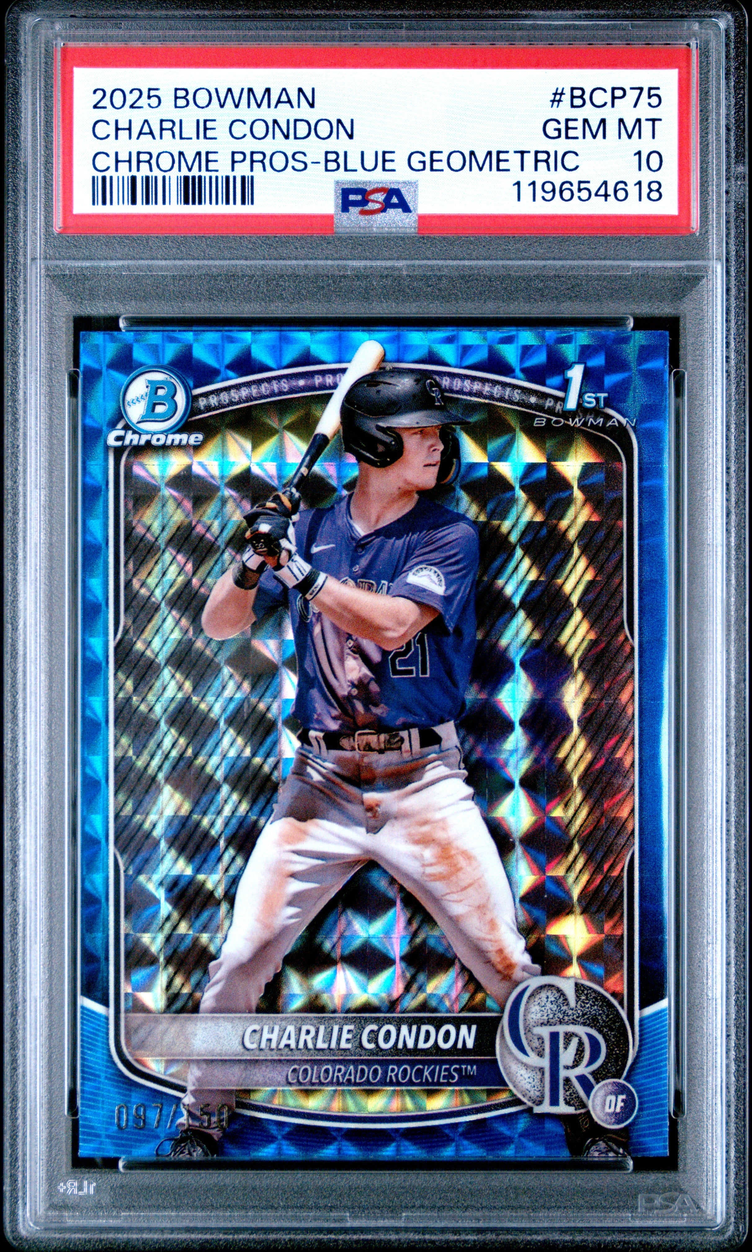 Graded 2025 Topps Bowman Charlie Condon #BCP75 Chrome Prospects Blue Geometric /150 Rookie RC Baseball Card PSA 10 Gem Mint