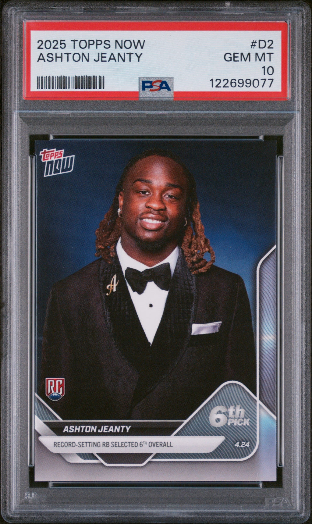 Graded 2025 Topps Now Ashton Jeanty #D2 Record Setting RB Selected 6th Overall Rookie RC Football Card PSA 10 Gem Mint