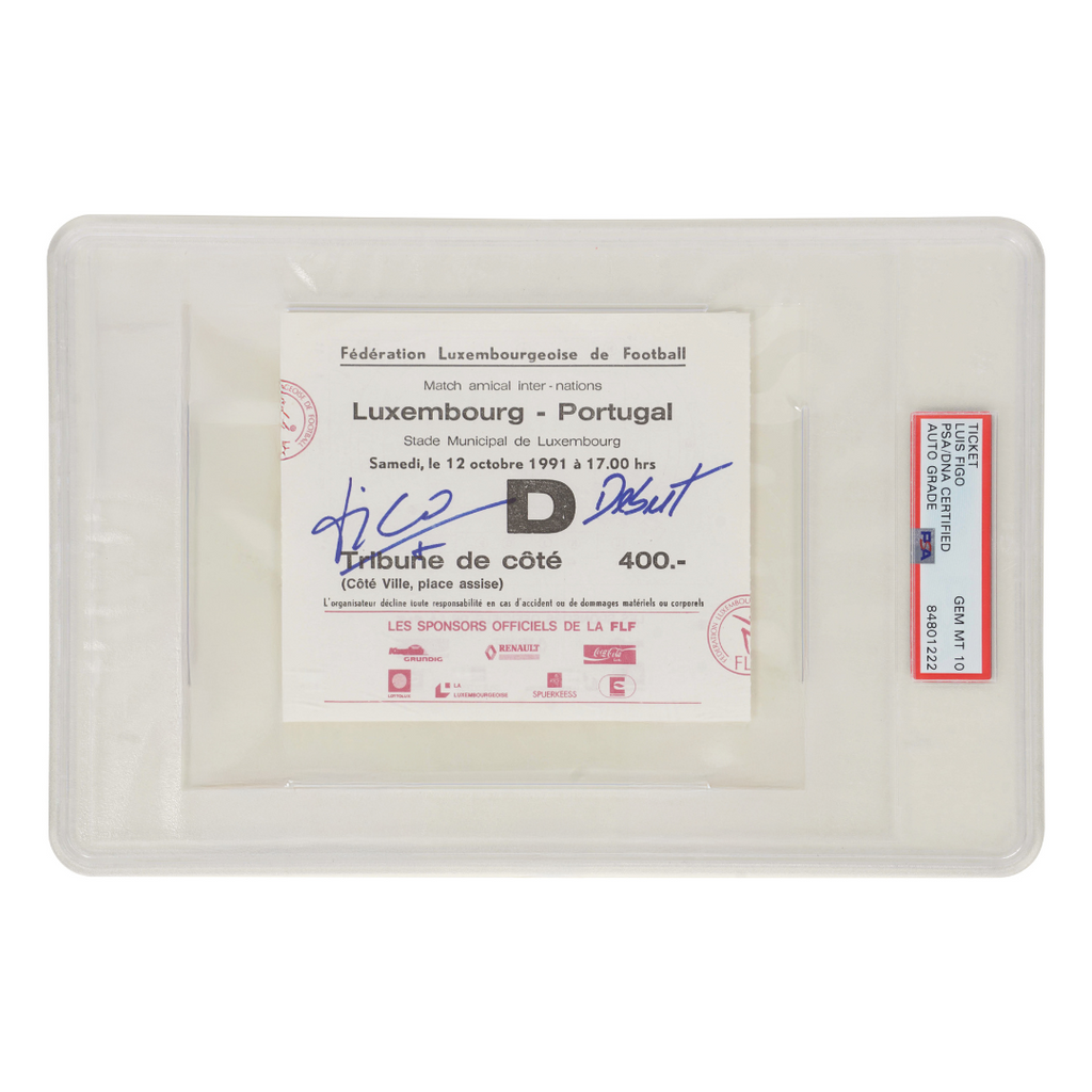 Luis Figo Signed 1991 Portugal Pro Debut Match Ticket Inscribed – PSA 10 Auto