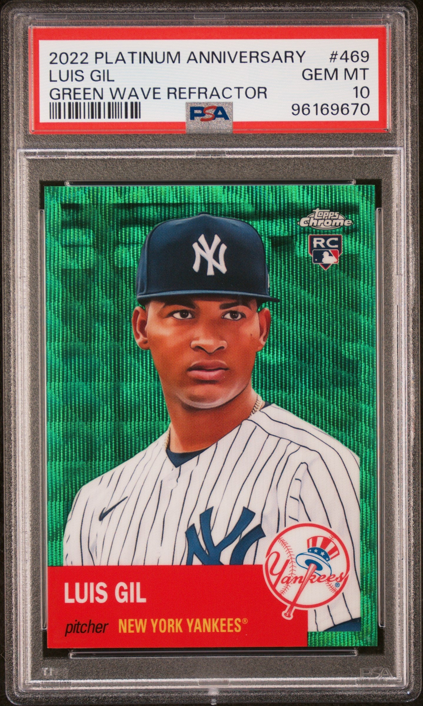 Graded 2022 Topps Platinum Anniversary Luis Gil #469 Green Wave Refractor /99 Rookie RC Baseball Card PSA 10 Gem Mint