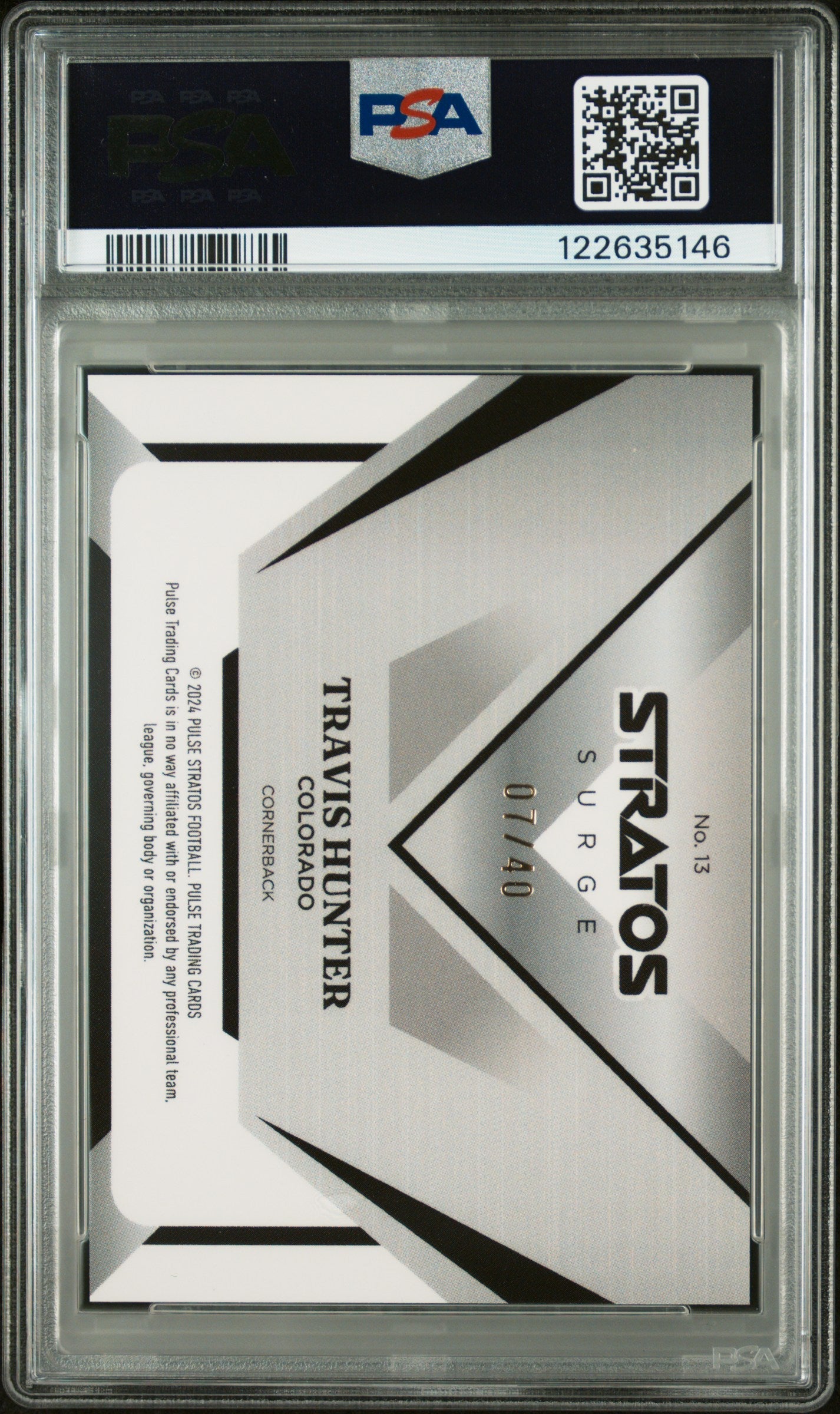 Graded 2025 Pulse Stratos Travis Hunter #13 Surge /40 Rookie RC Football Card PSA 10 Gem Mint