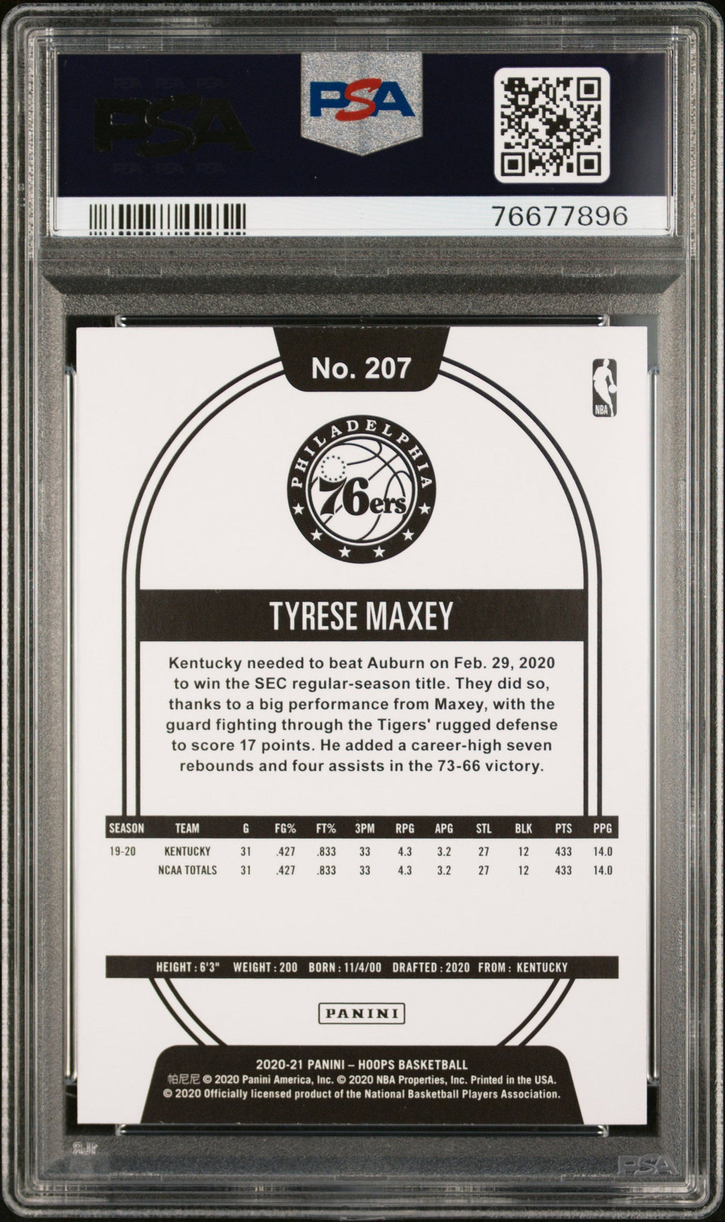 Graded 2020 Panini Hoops Tyrese Maxey #207 Teal Explosion Rookie RC Basketball Card PSA 10 Gem Mint
