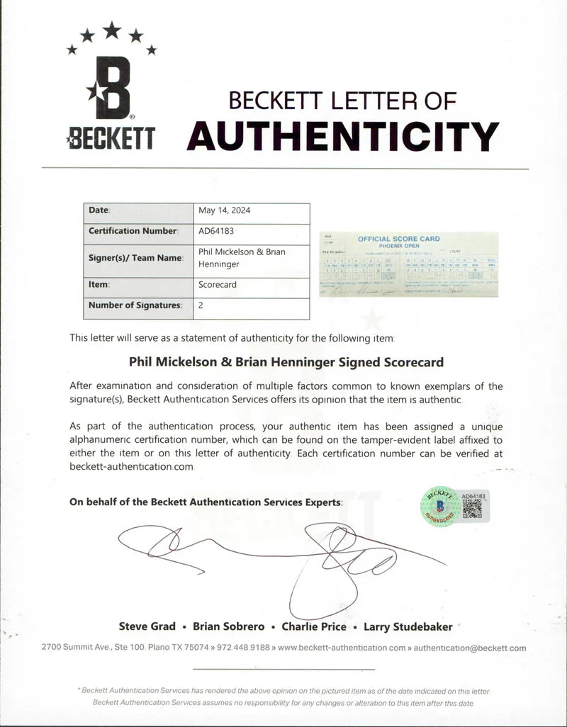 Phil Mickelson & Brian Henninger Signed 1995 Phoenix Open Scorecard BAS